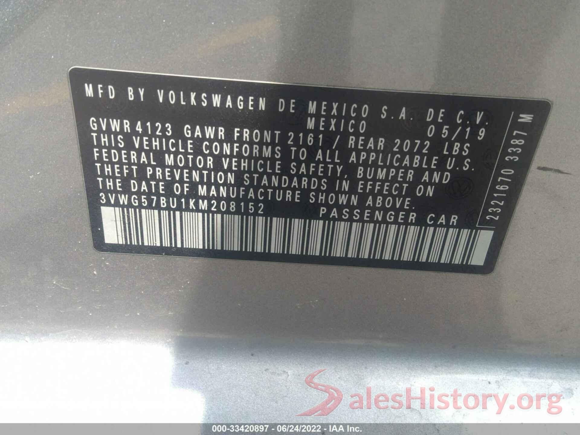 3VWG57BU1KM208152 2019 VOLKSWAGEN JETTA