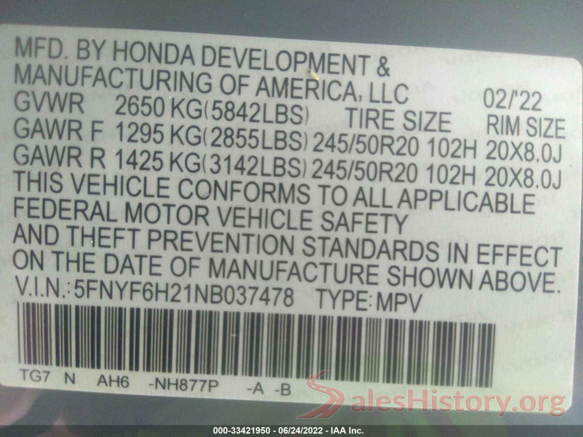 5FNYF6H21NB037478 2022 HONDA PILOT