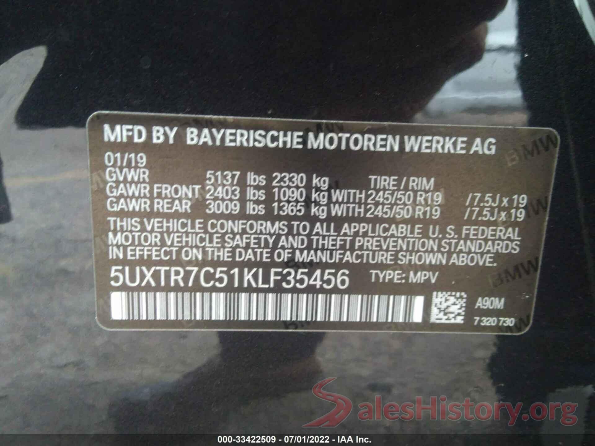 5UXTR7C51KLF35456 2019 BMW X3