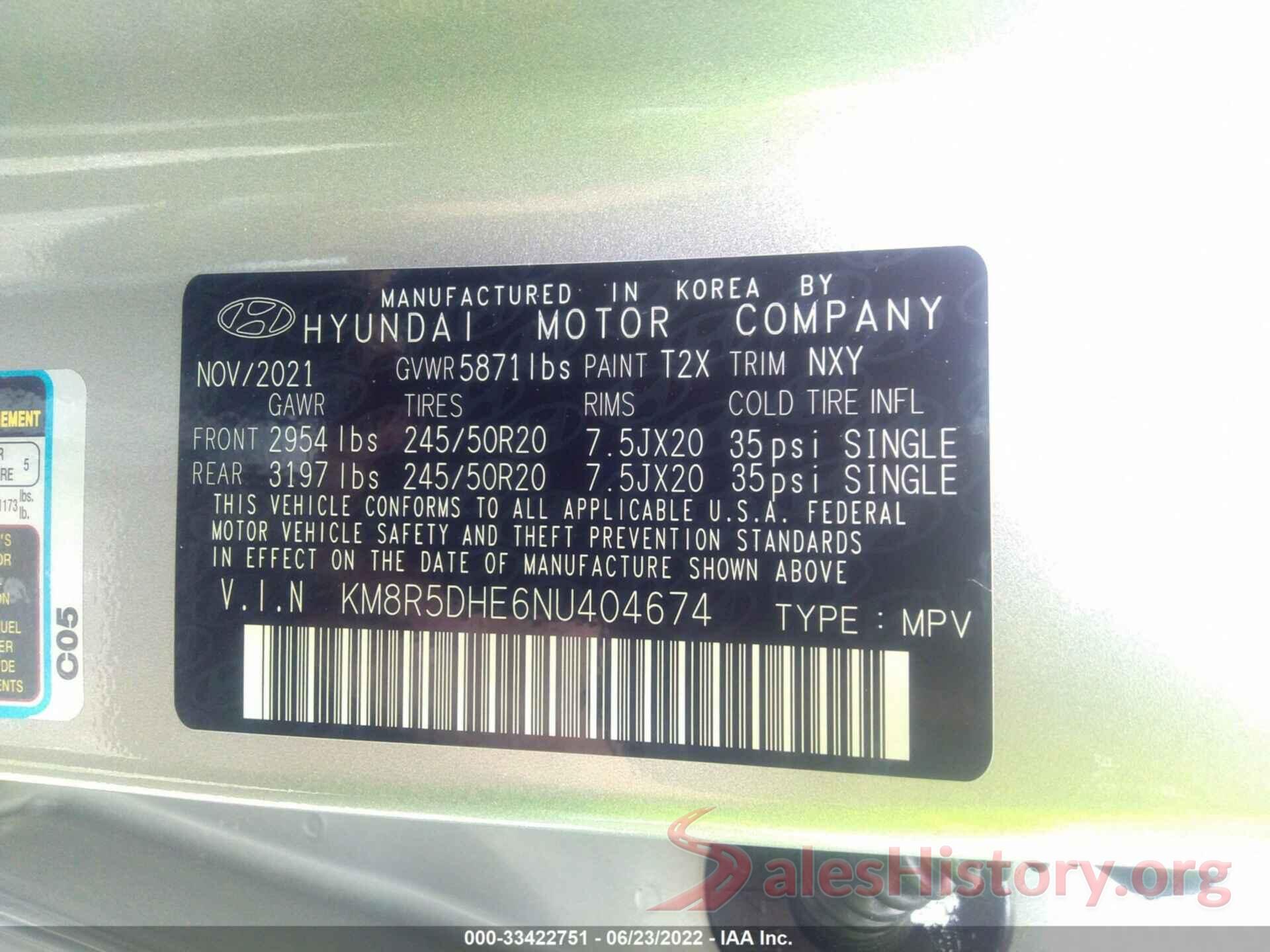 KM8R5DHE6NU404674 2022 HYUNDAI PALISADE