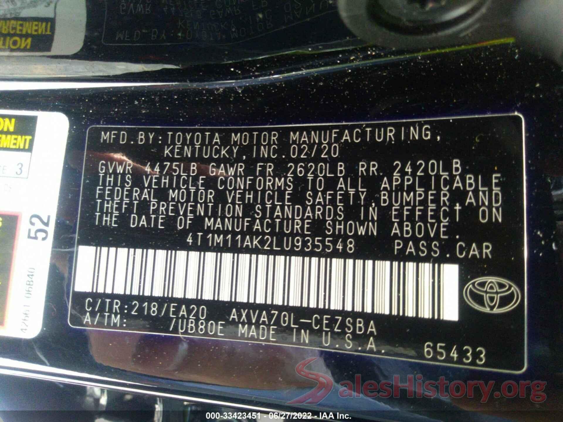 4T1M11AK2LU935548 2020 TOYOTA CAMRY