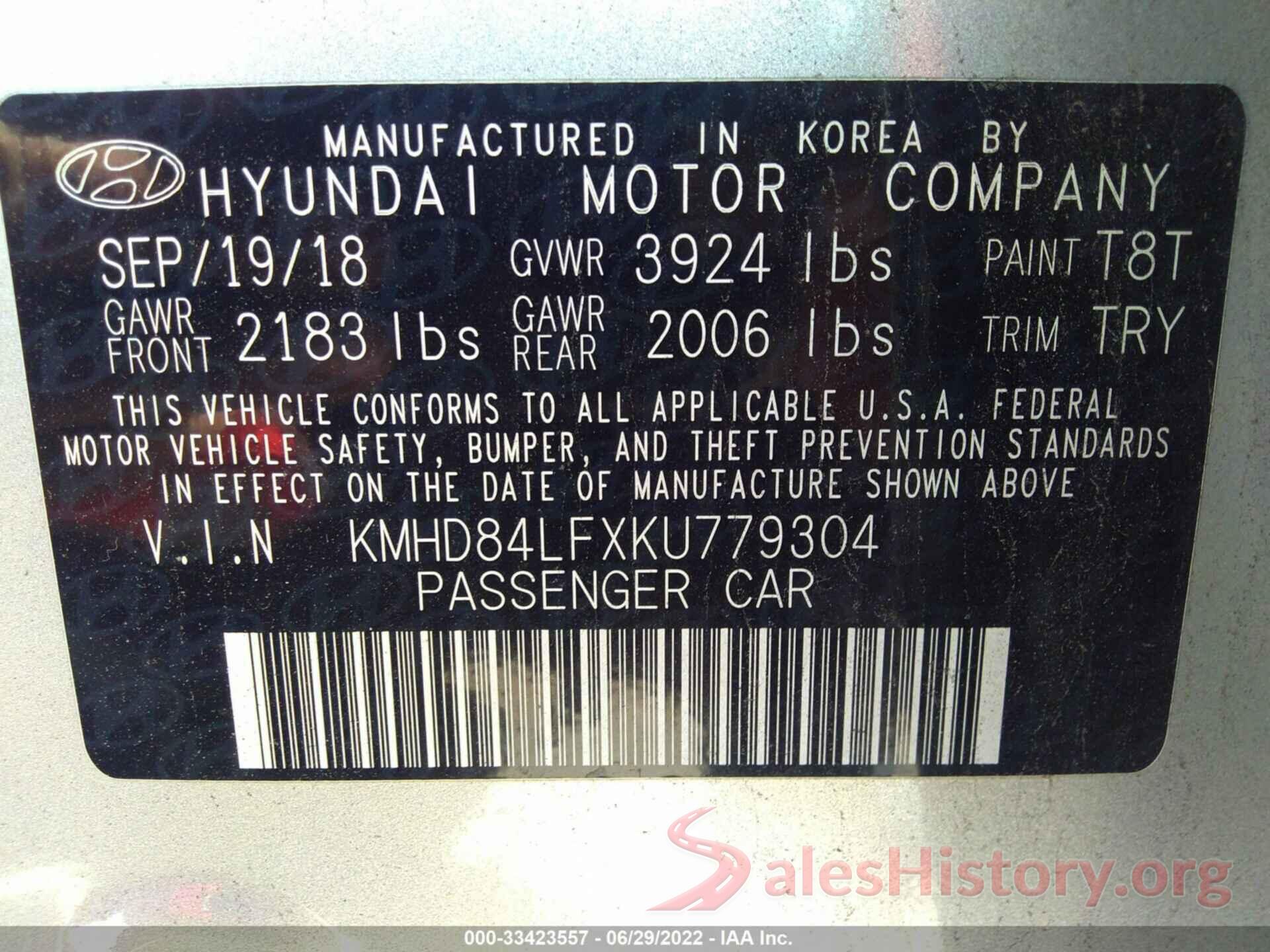 KMHD84LFXKU779304 2019 HYUNDAI ELANTRA