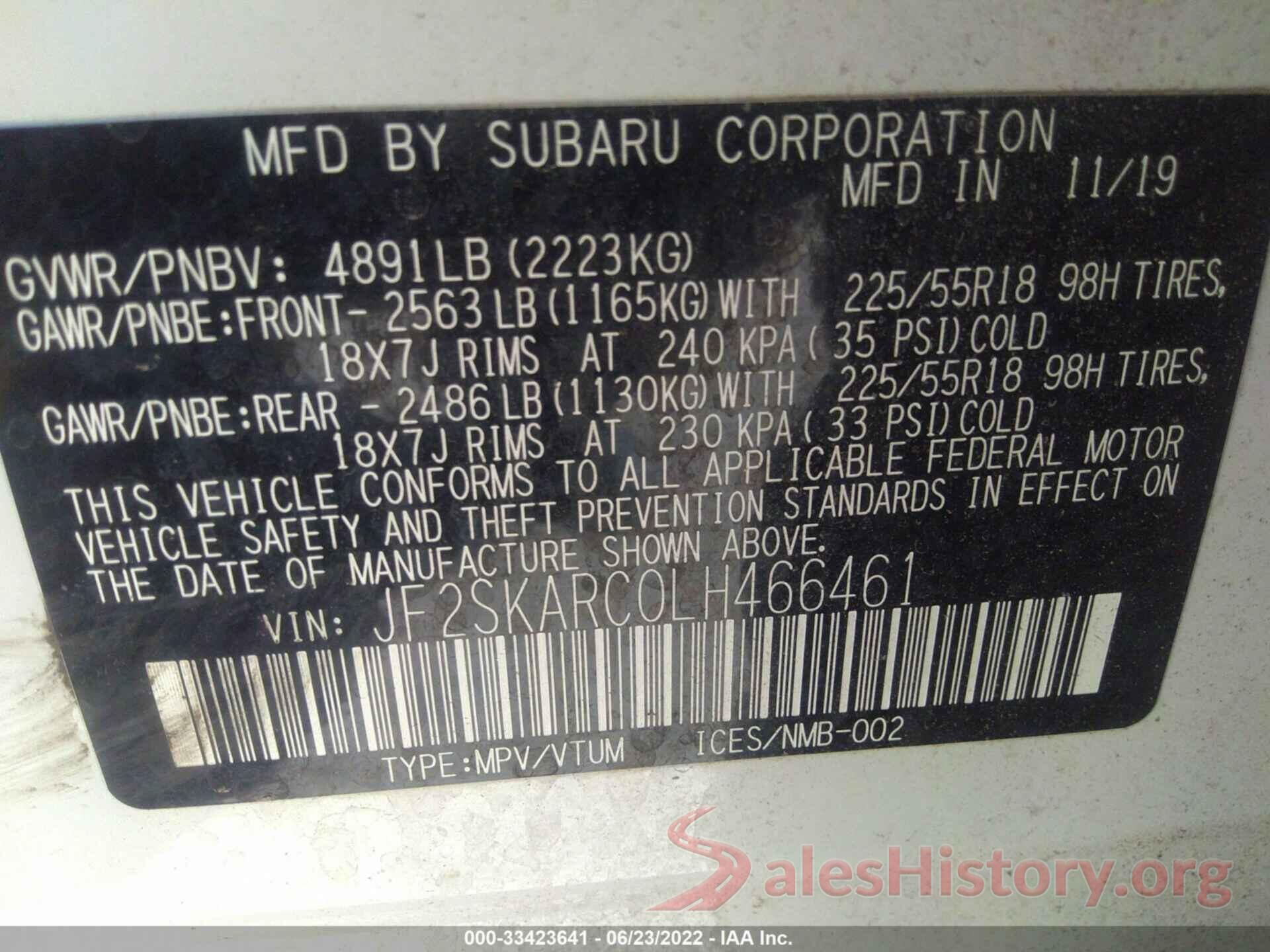 JF2SKARC0LH466461 2020 SUBARU FORESTER