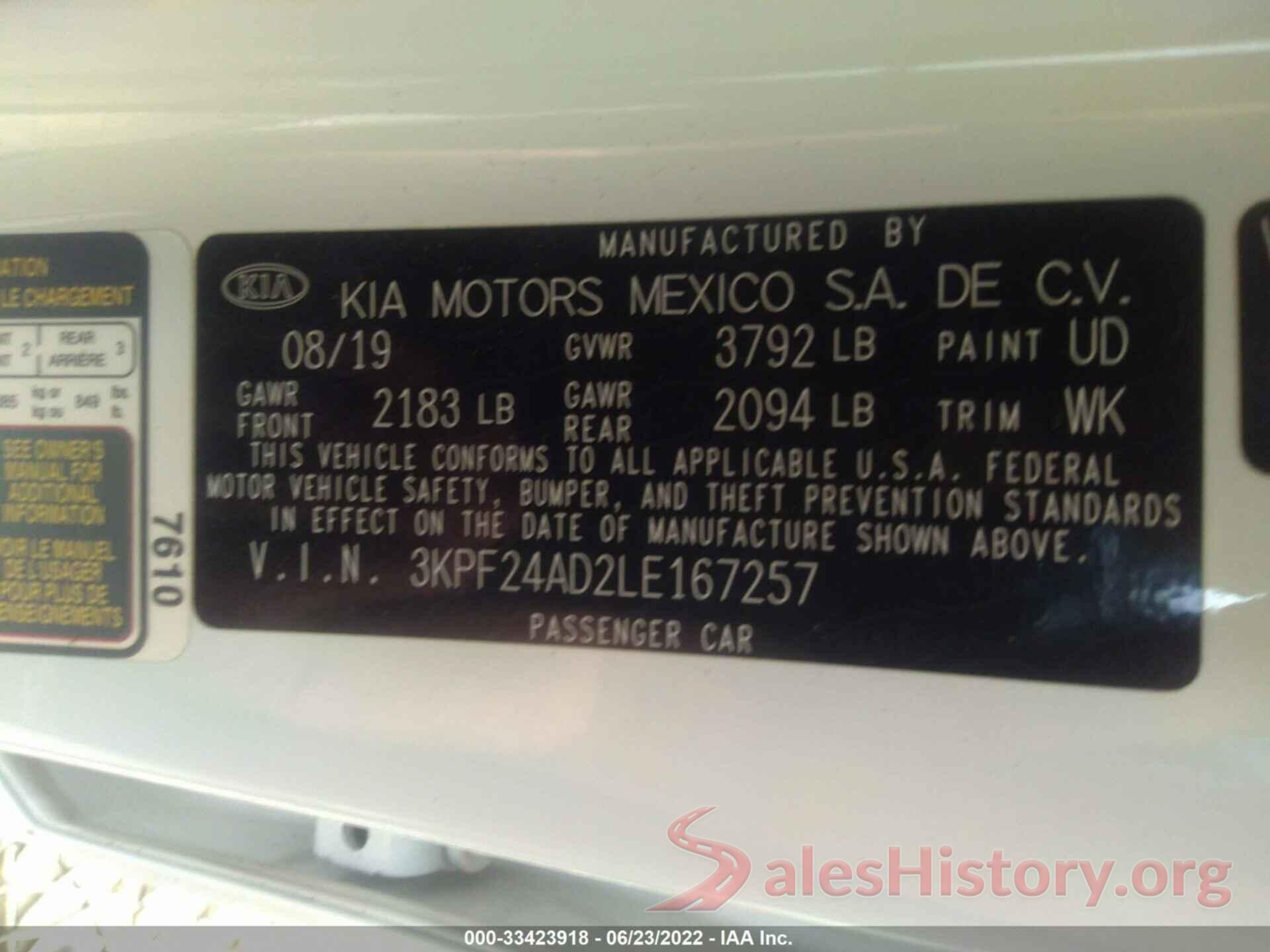 3KPF24AD2LE167257 2020 KIA FORTE