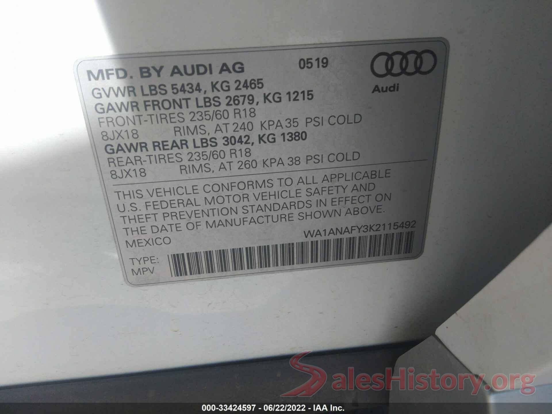 WA1ANAFY3K2115492 2019 AUDI Q5