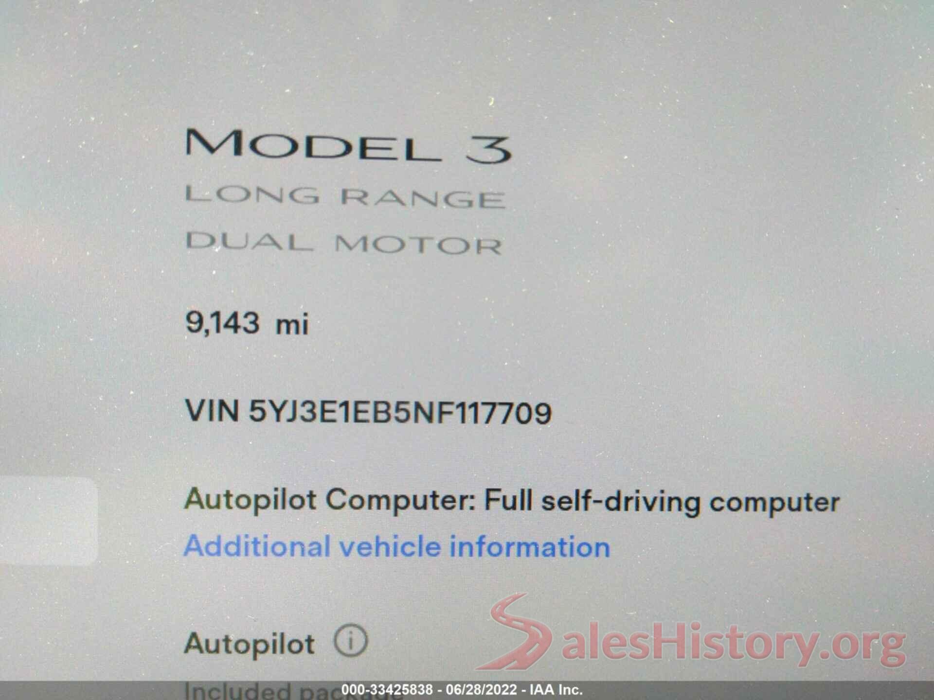 5YJ3E1EB5NF117709 2022 TESLA MODEL 3