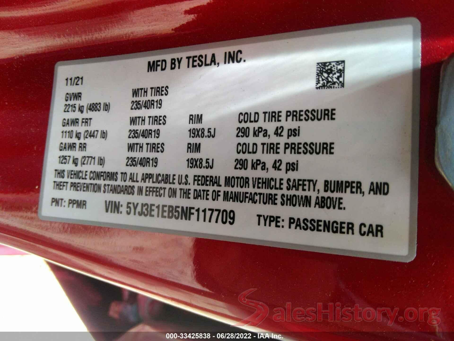 5YJ3E1EB5NF117709 2022 TESLA MODEL 3