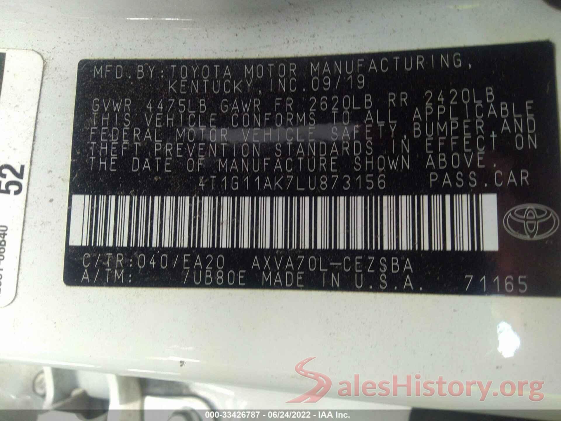 4T1G11AK7LU873156 2020 TOYOTA CAMRY