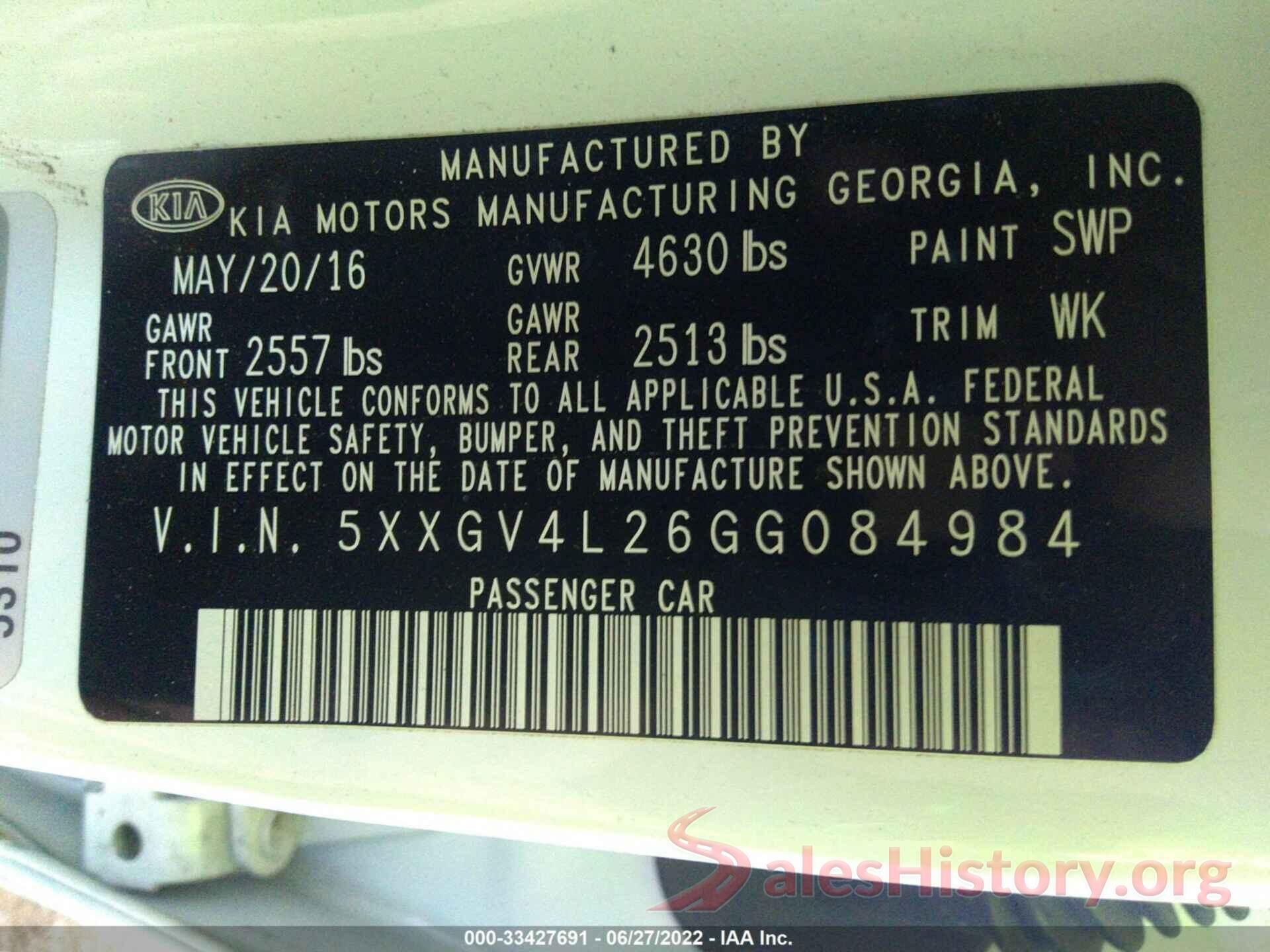 5XXGV4L26GG084984 2016 KIA OPTIMA