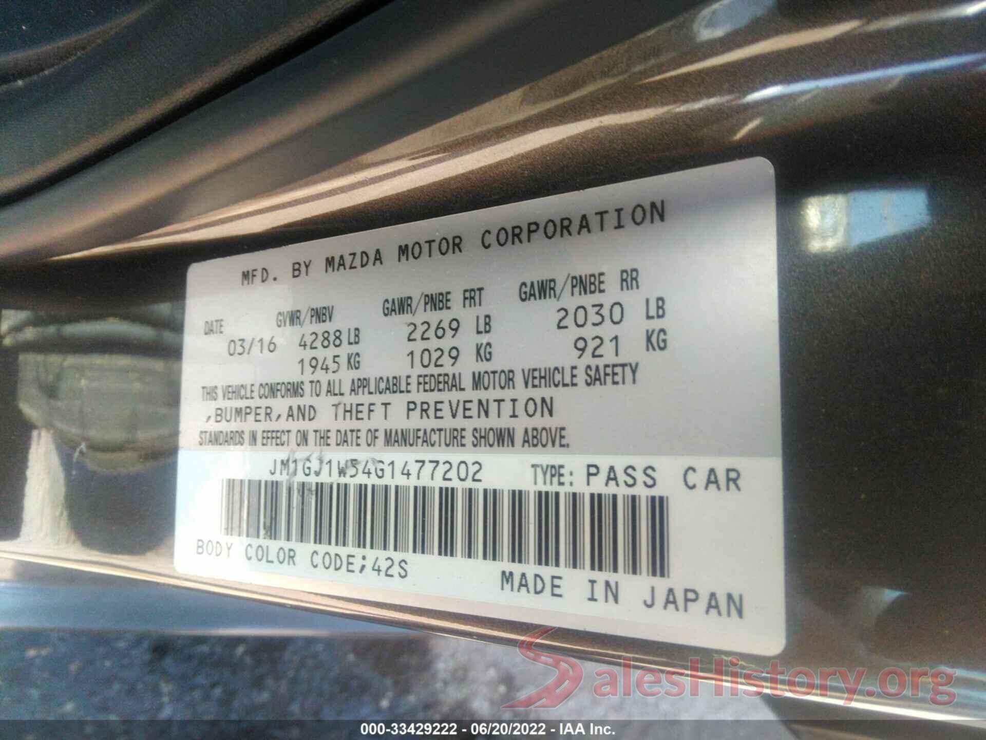 JM1GJ1W54G1477202 2016 MAZDA MAZDA6