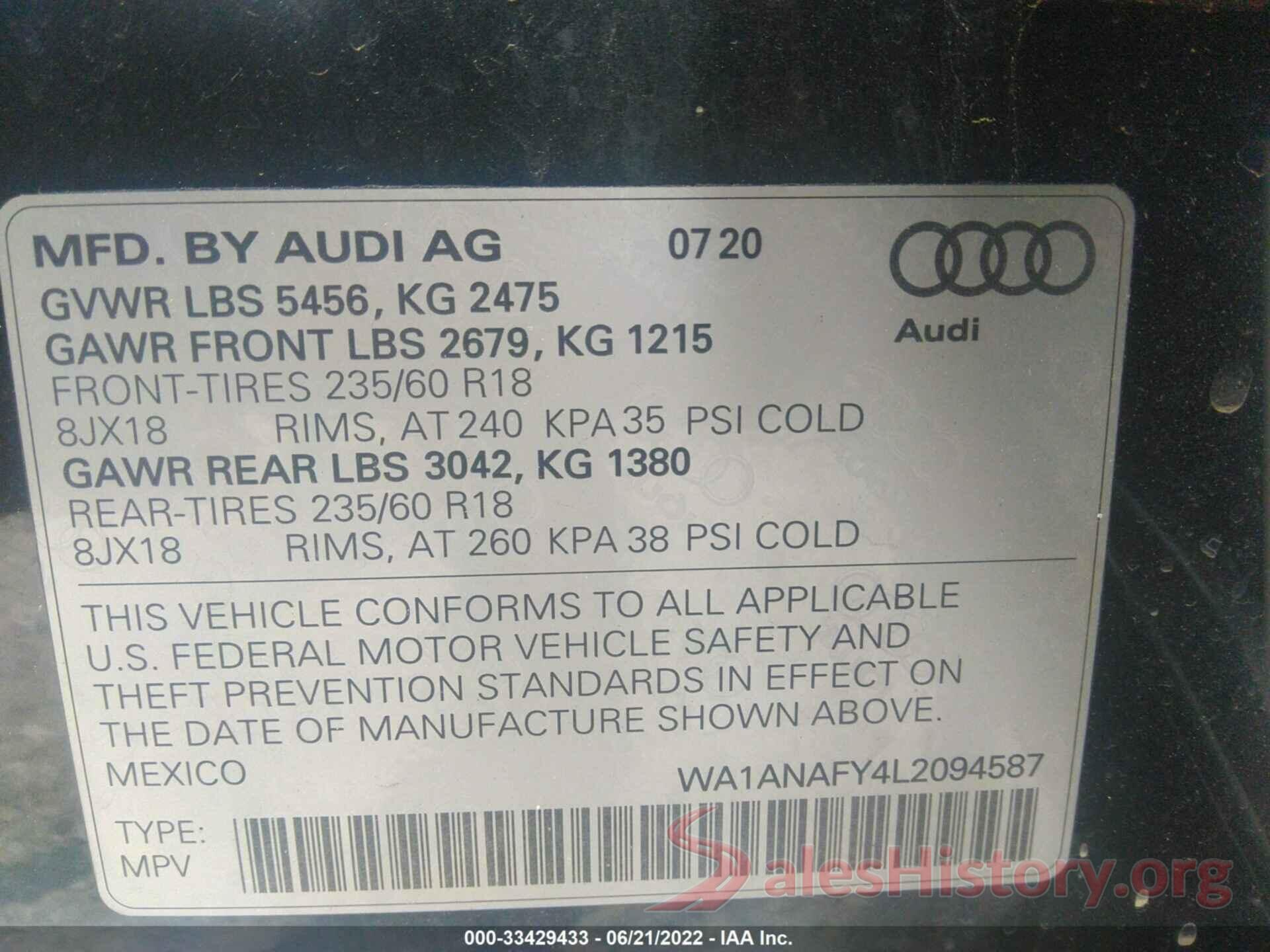 WA1ANAFY4L2094587 2020 AUDI Q5