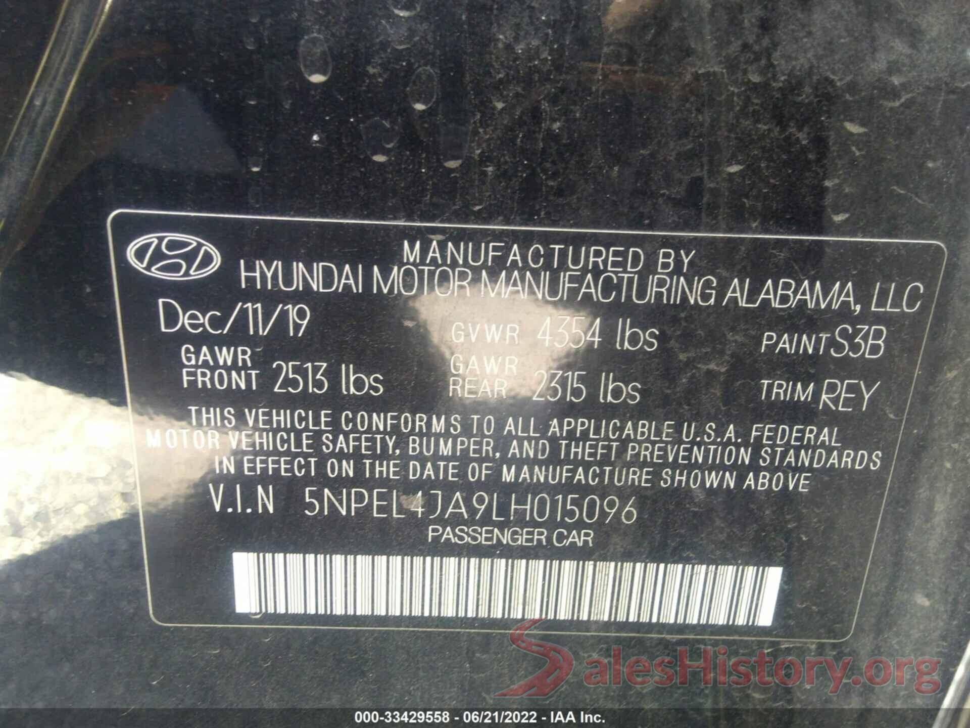 5NPEL4JA9LH015096 2020 HYUNDAI SONATA