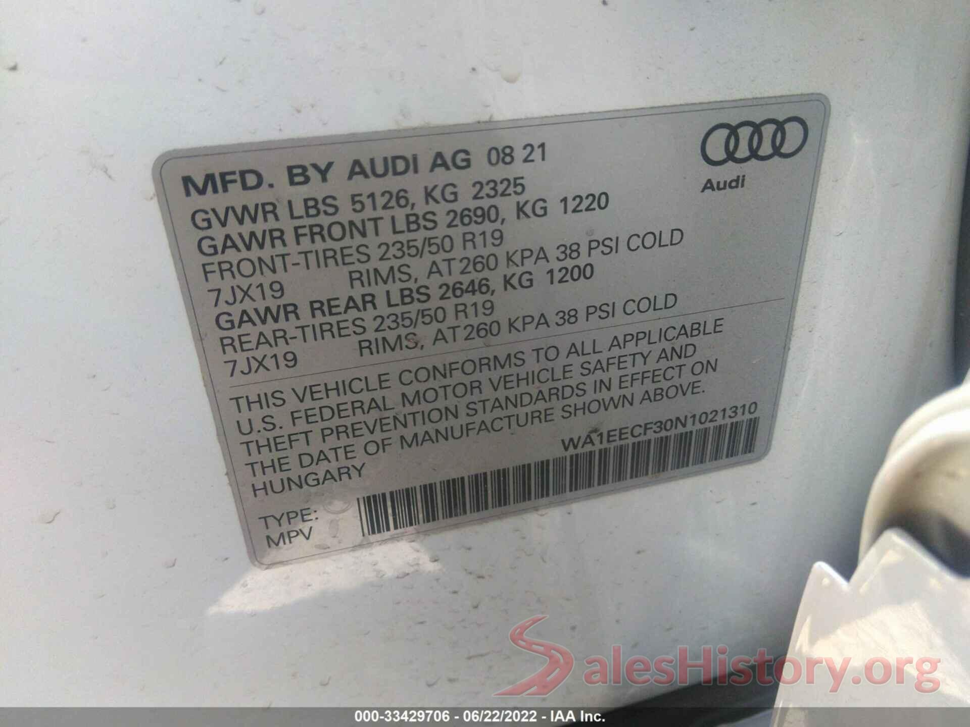 WA1EECF30N1021310 2022 AUDI Q3