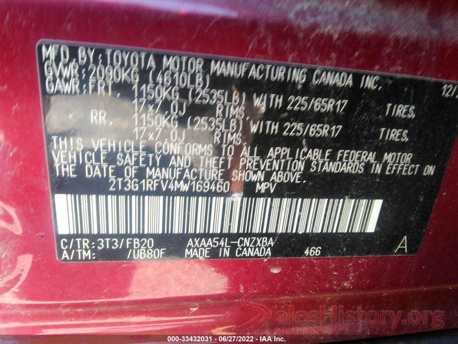 2T3G1RFV4MW169460 2021 TOYOTA RAV4