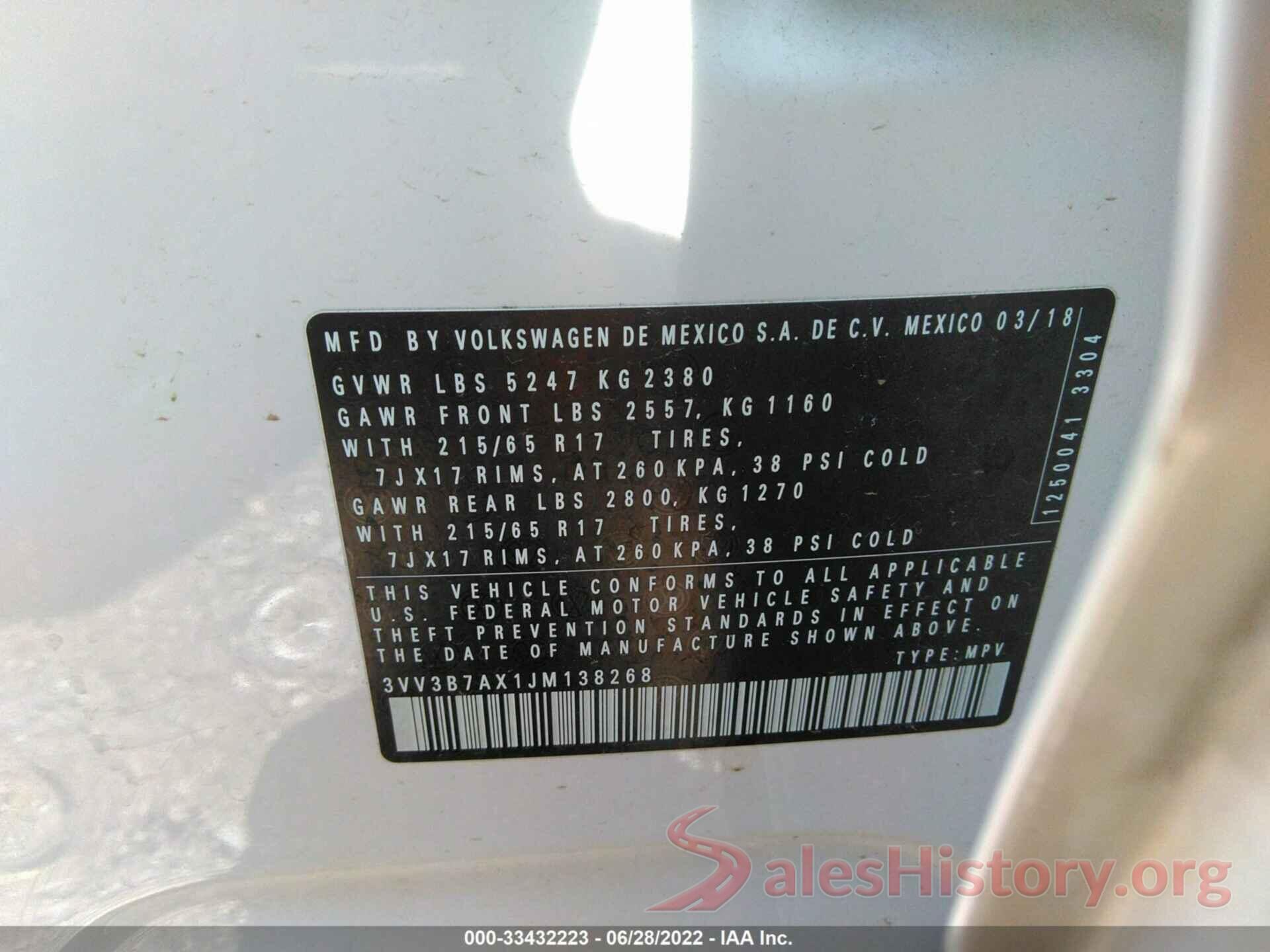 3VV3B7AX1JM138268 2018 VOLKSWAGEN TIGUAN