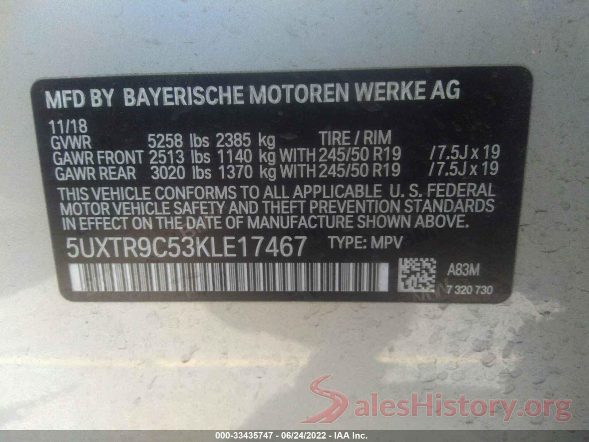 5UXTR9C53KLE17467 2019 BMW X3