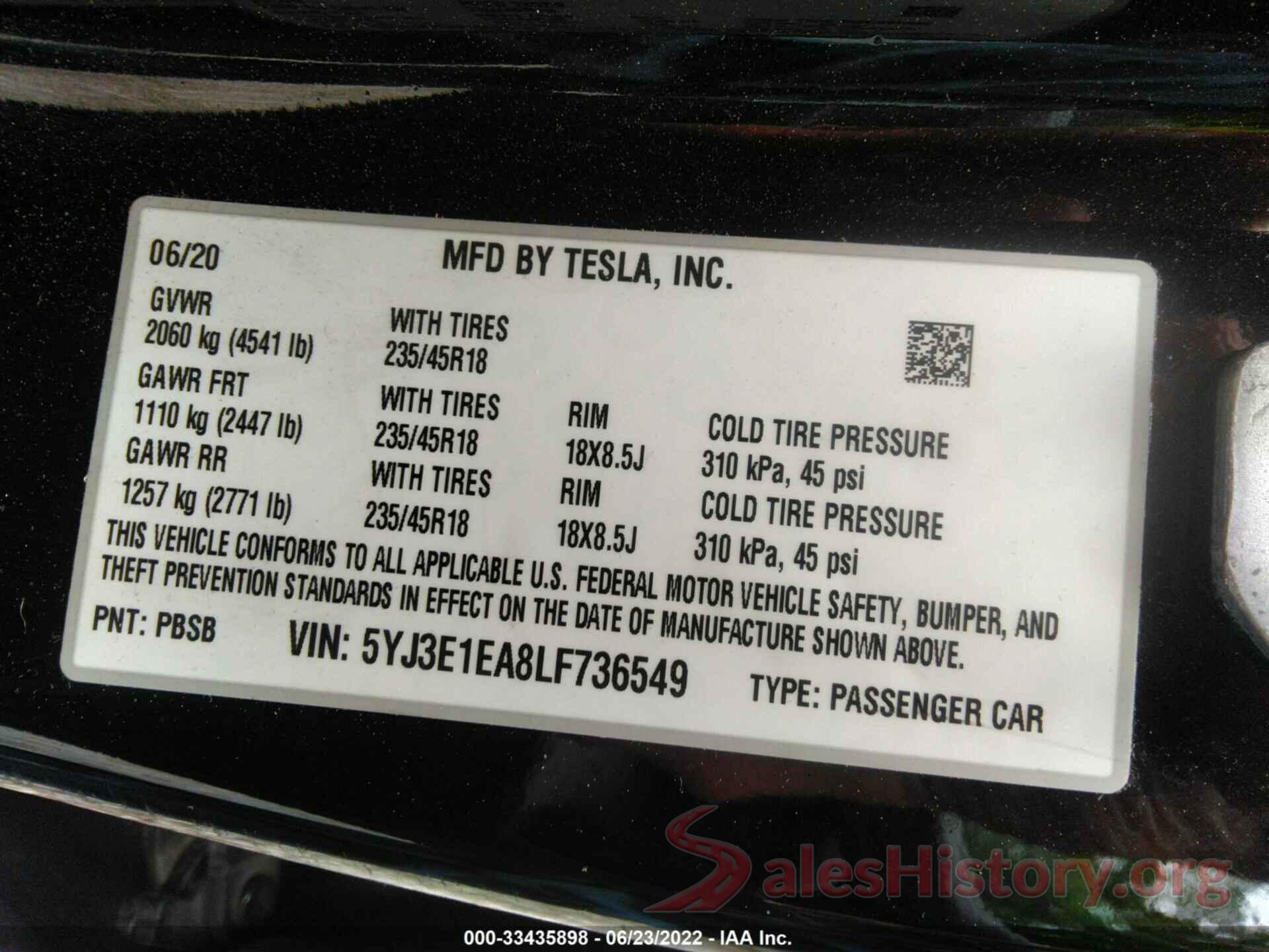 5YJ3E1EA8LF736549 2020 TESLA MODEL 3