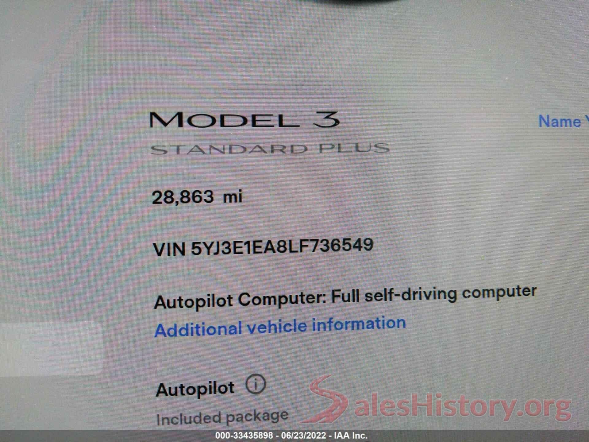 5YJ3E1EA8LF736549 2020 TESLA MODEL 3