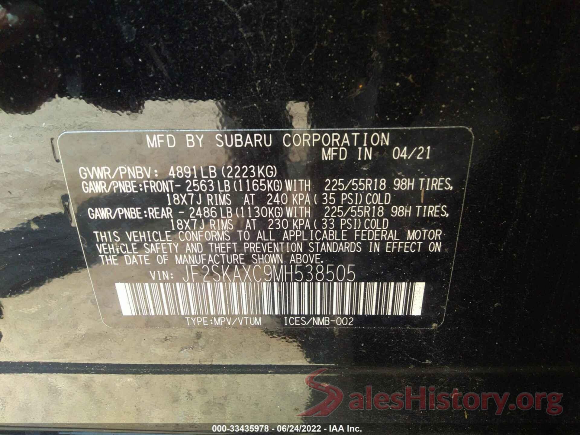 JF2SKAXC9MH538505 2021 SUBARU FORESTER