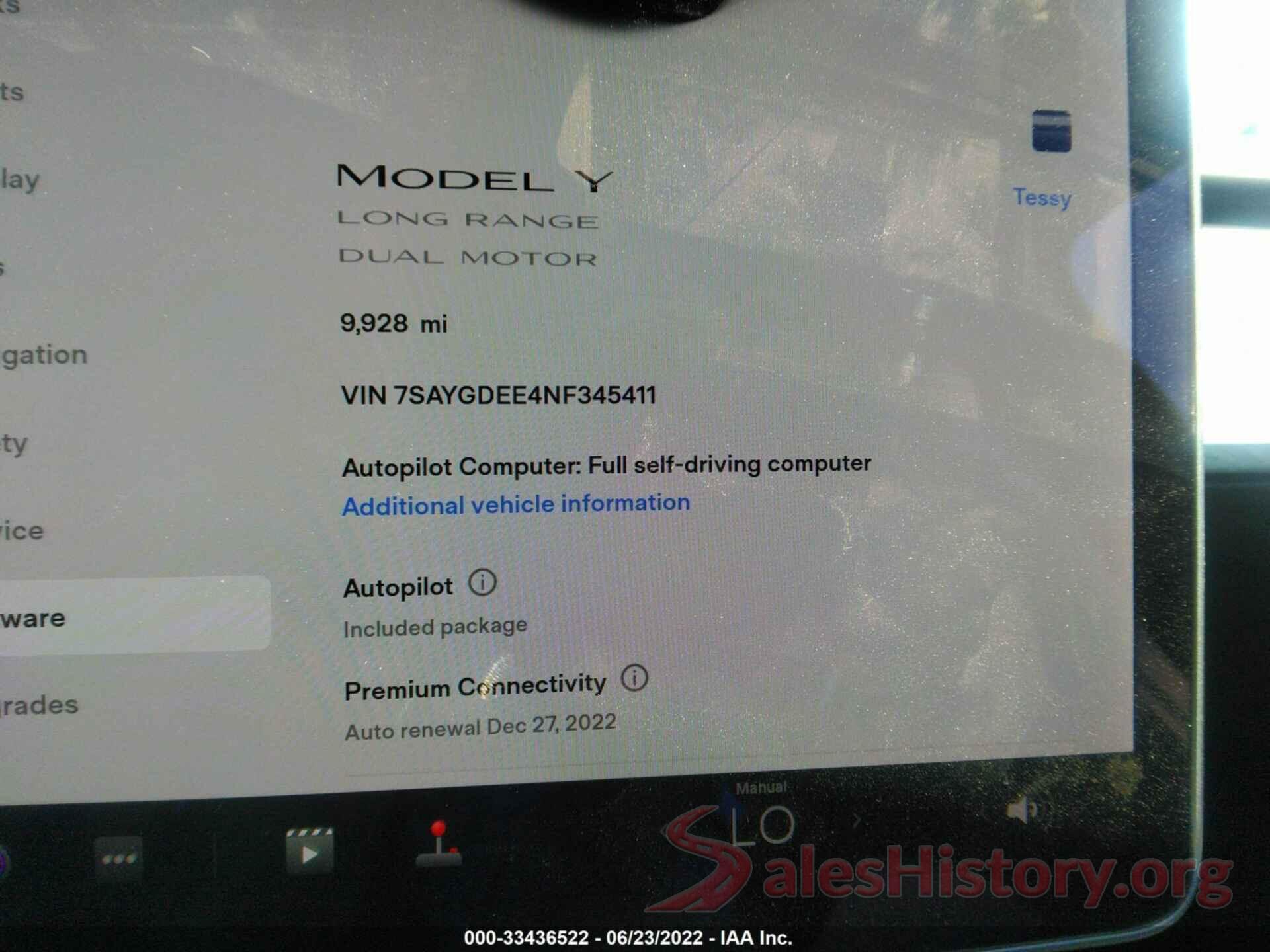 7SAYGDEE4NF345411 2022 TESLA MODEL Y