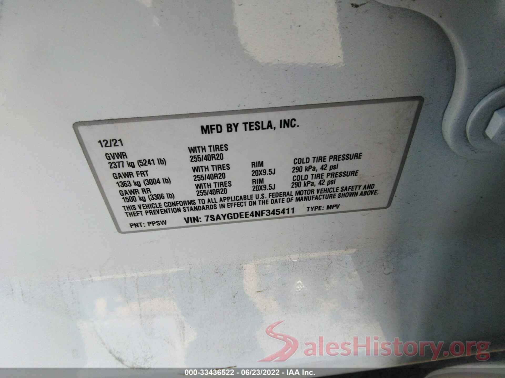 7SAYGDEE4NF345411 2022 TESLA MODEL Y