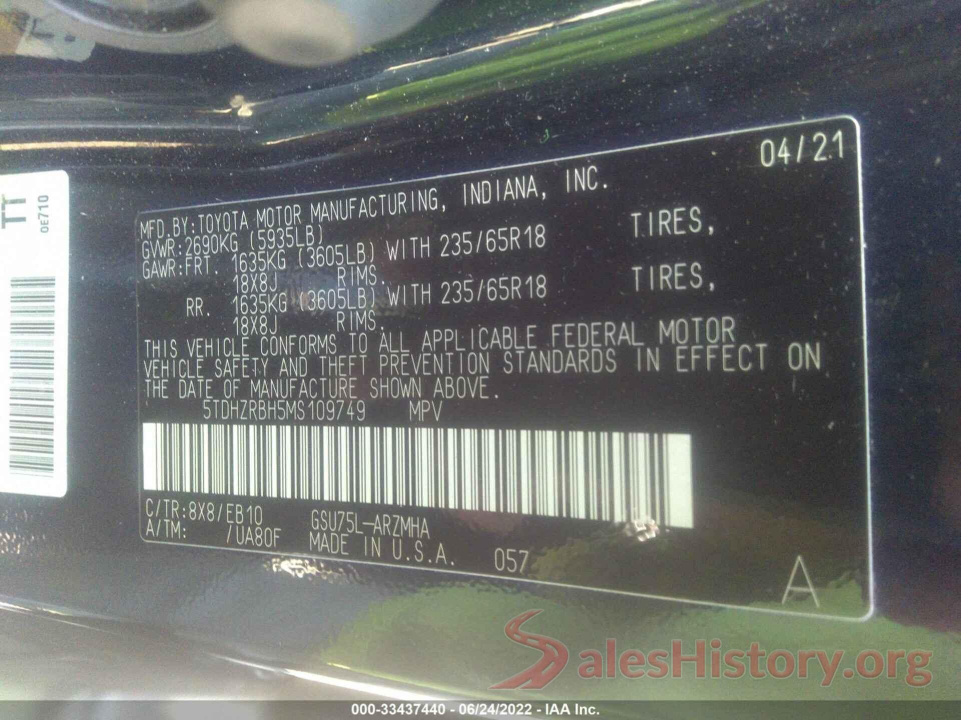 5TDHZRBH5MS109749 2021 TOYOTA HIGHLANDER