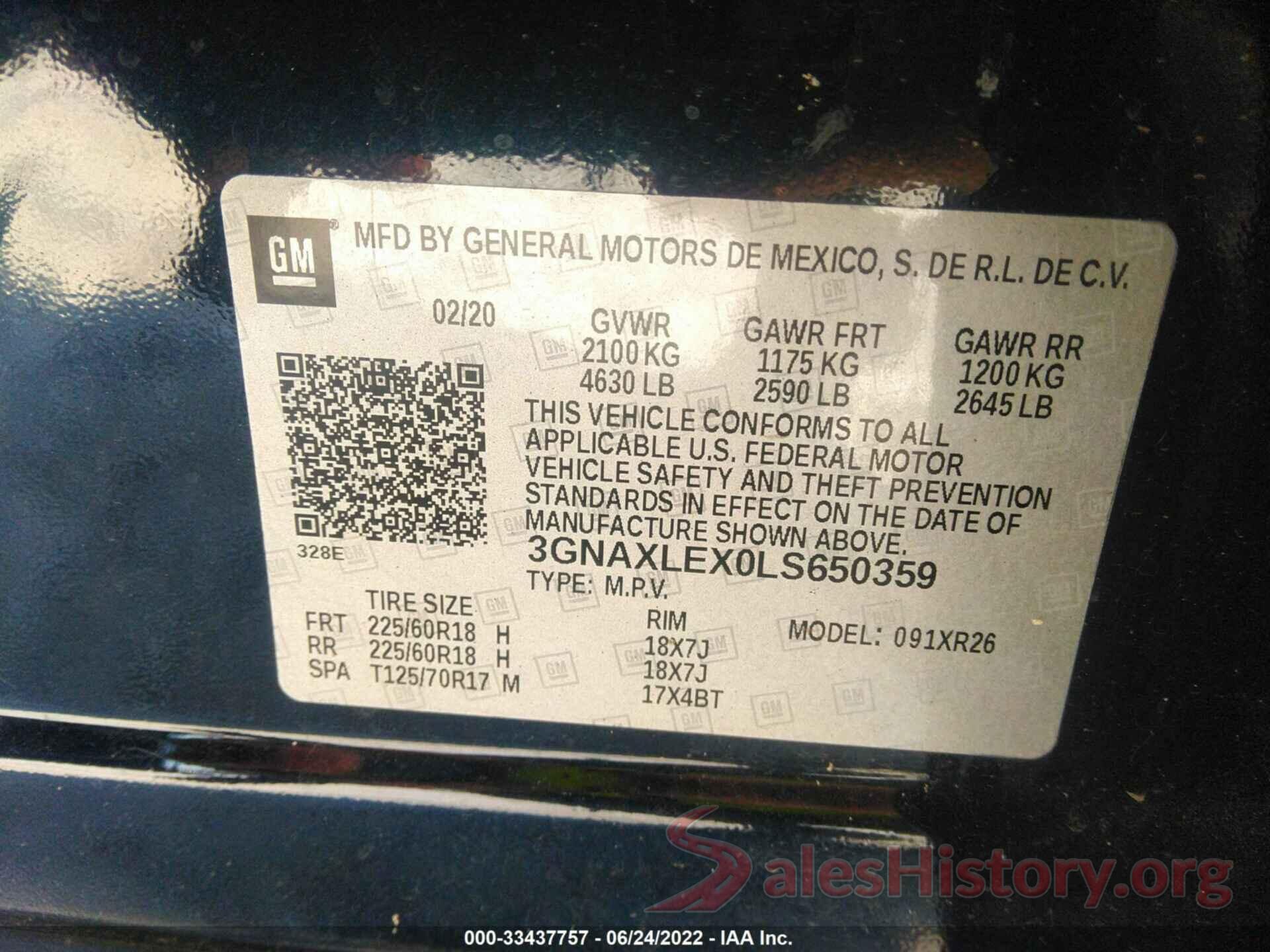 3GNAXLEX0LS650359 2020 CHEVROLET EQUINOX