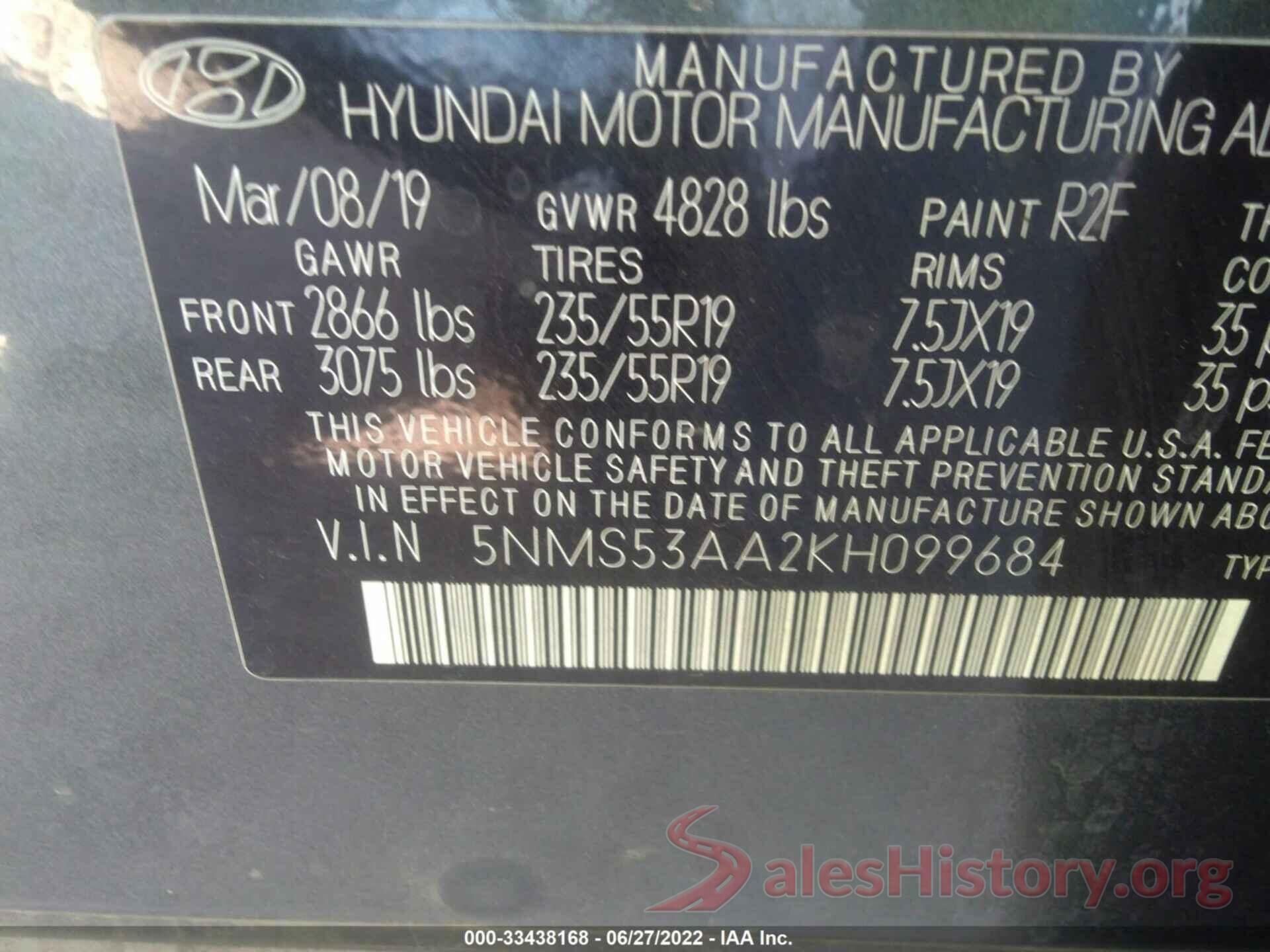 5NMS53AA2KH099684 2019 HYUNDAI SANTA FE