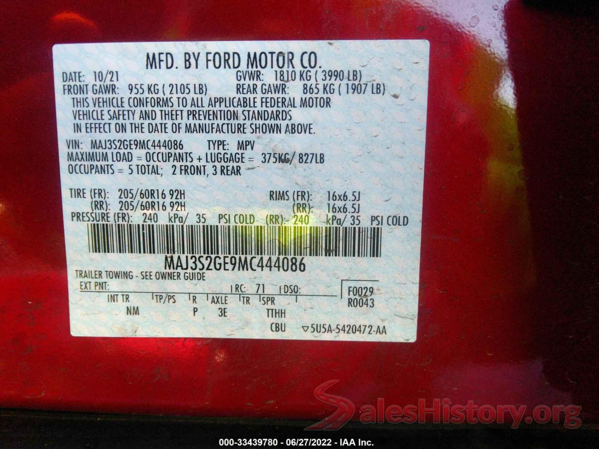 MAJ3S2GE9MC444086 2021 FORD ECOSPORT