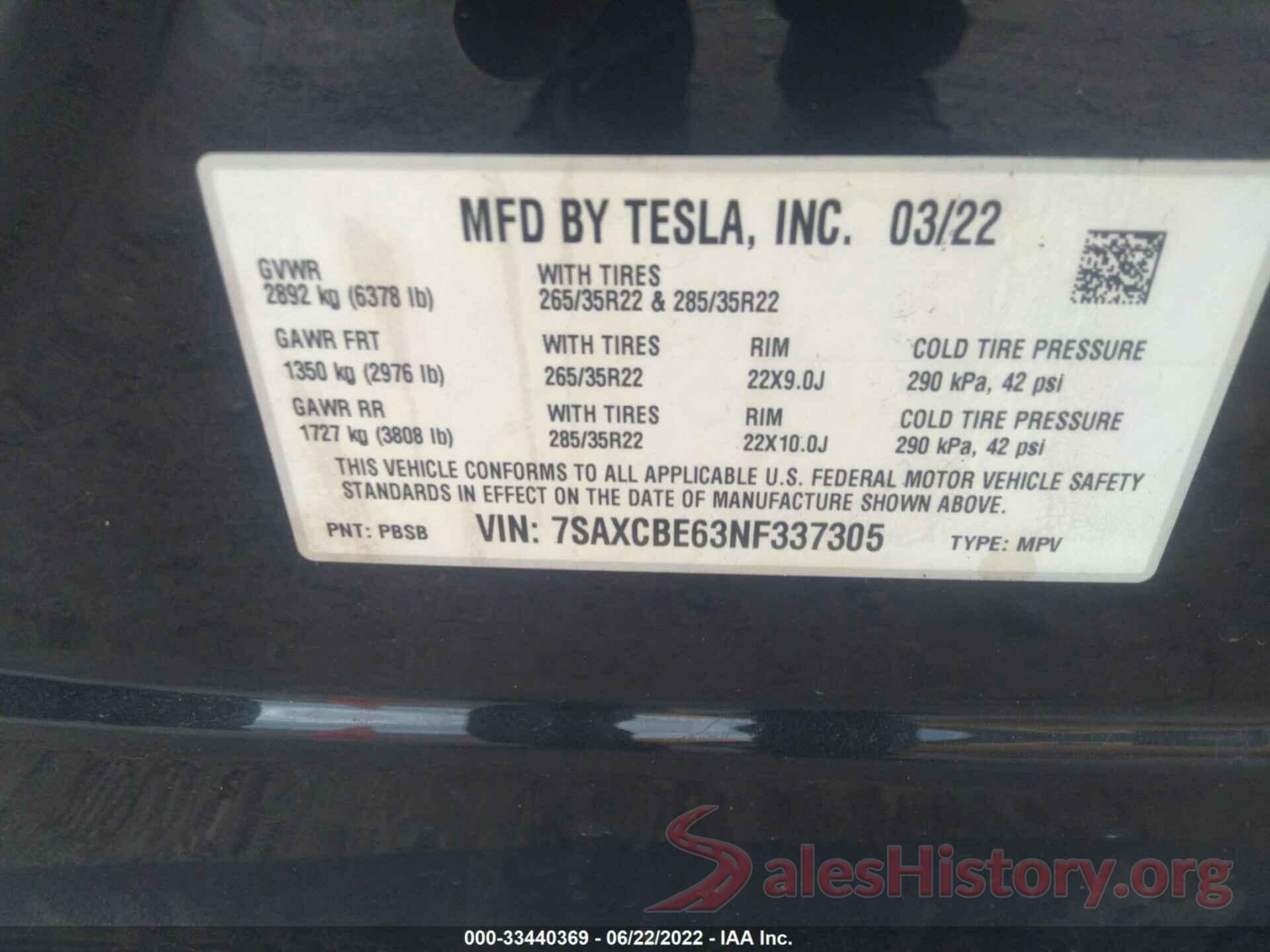 7SAXCBE63NF337305 2022 TESLA MODEL X