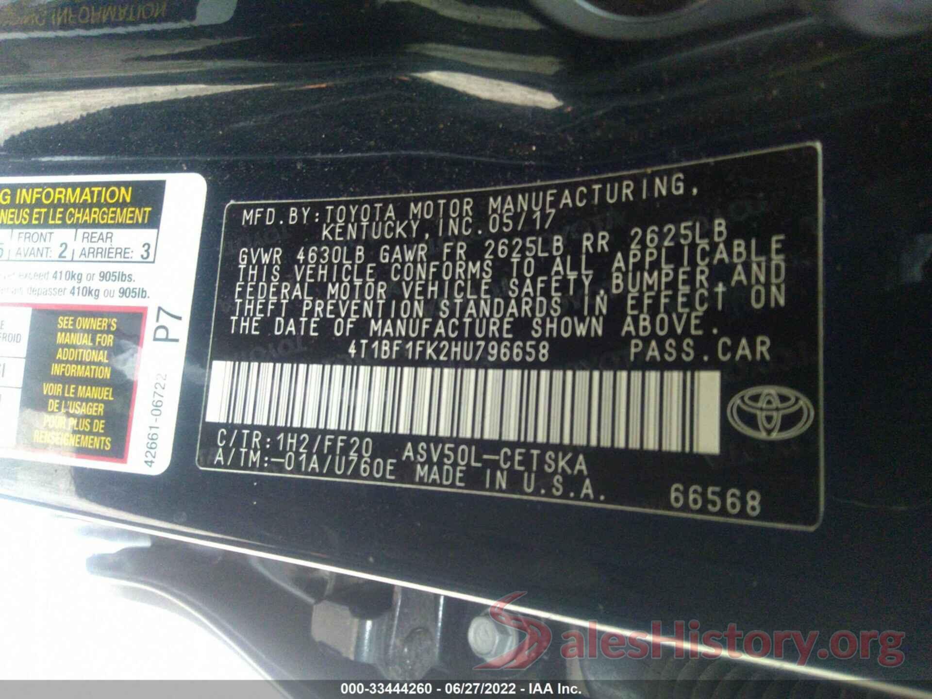 4T1BF1FK2HU796658 2017 TOYOTA CAMRY