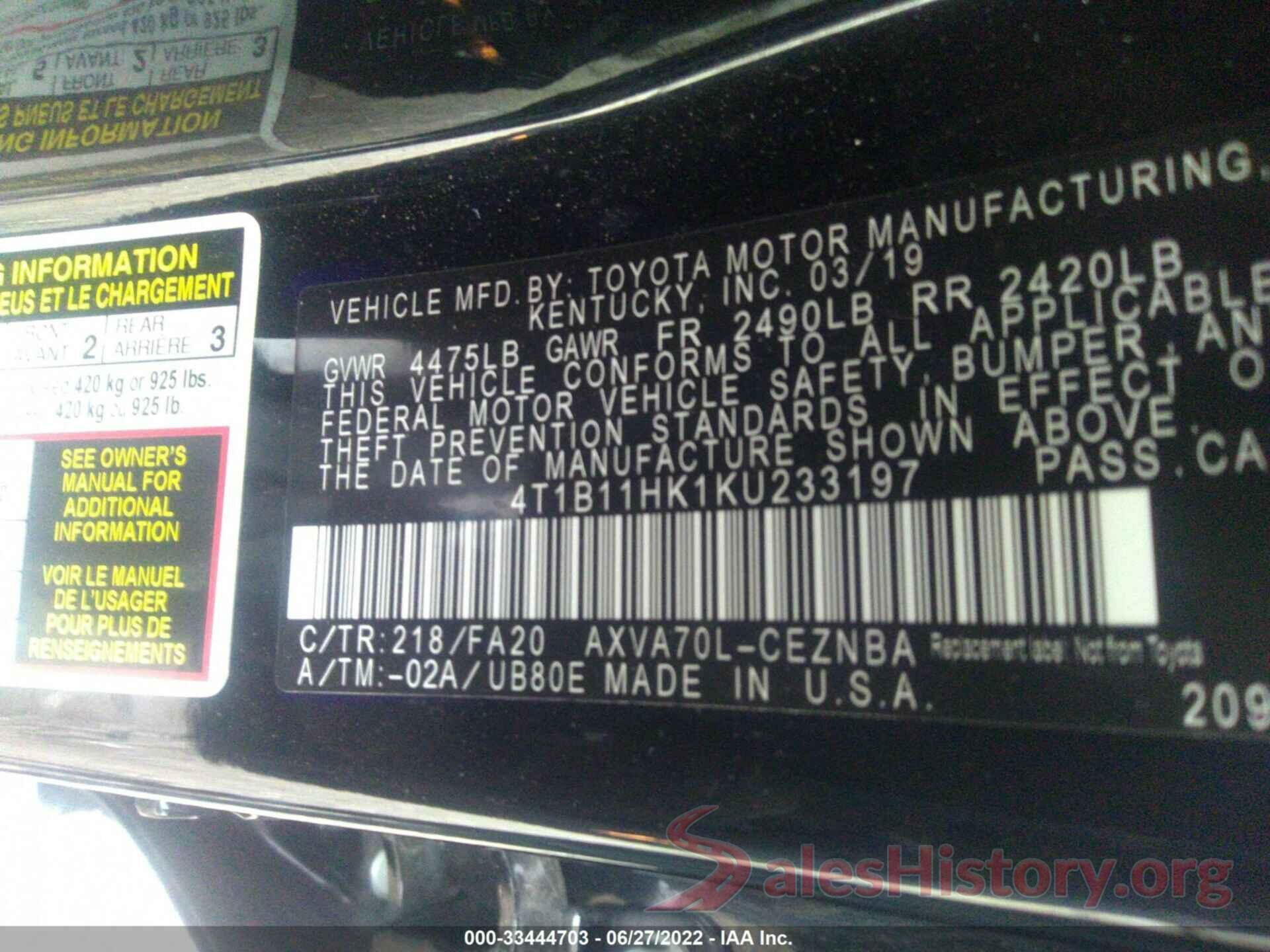 4T1B11HK1KU233197 2019 TOYOTA CAMRY