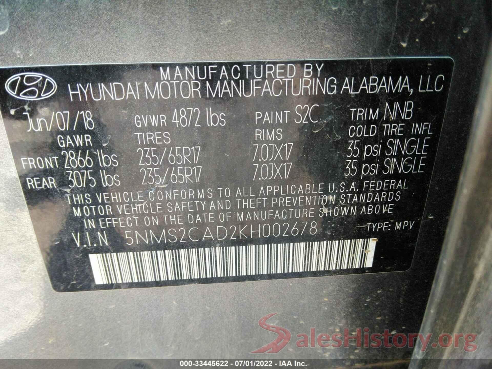 5NMS2CAD2KH002678 2019 HYUNDAI SANTA FE