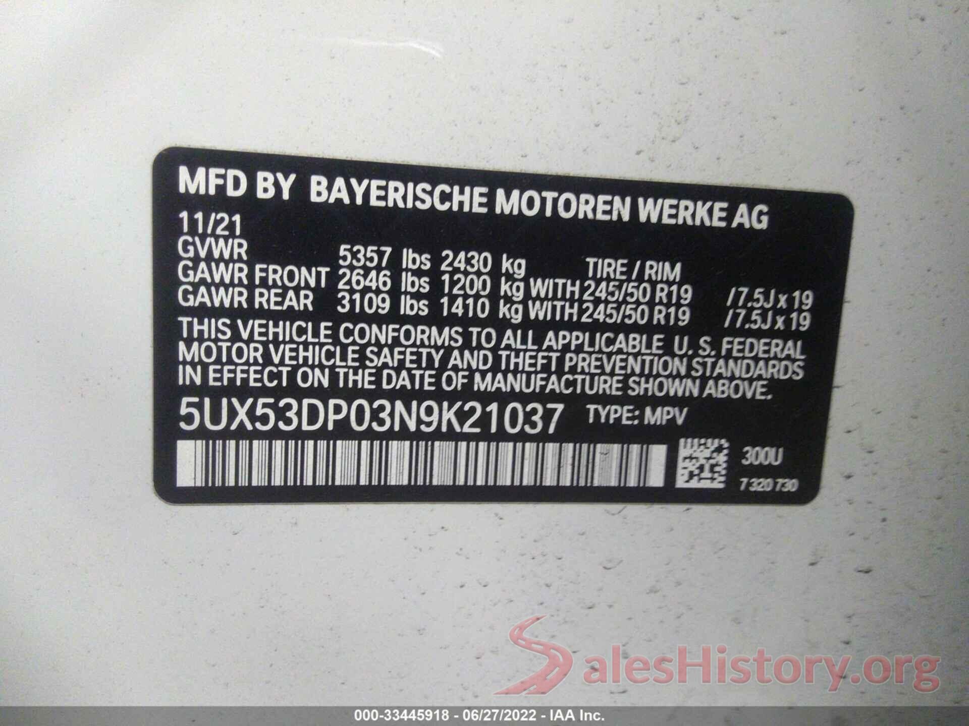 5UX53DP03N9K21037 2022 BMW X3