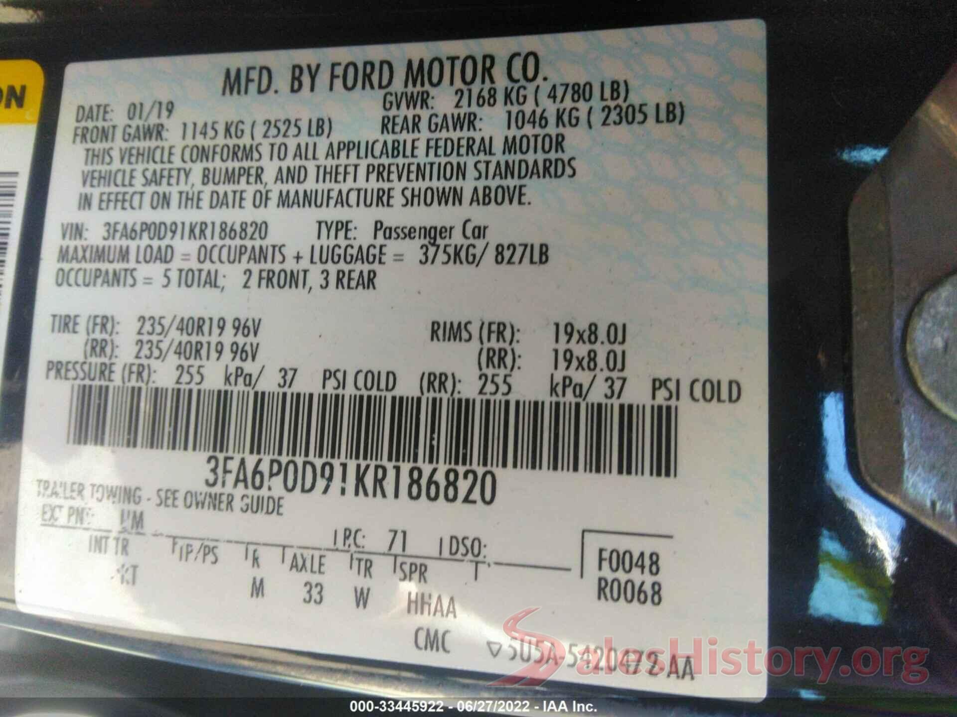 3FA6P0D91KR186820 2019 FORD FUSION