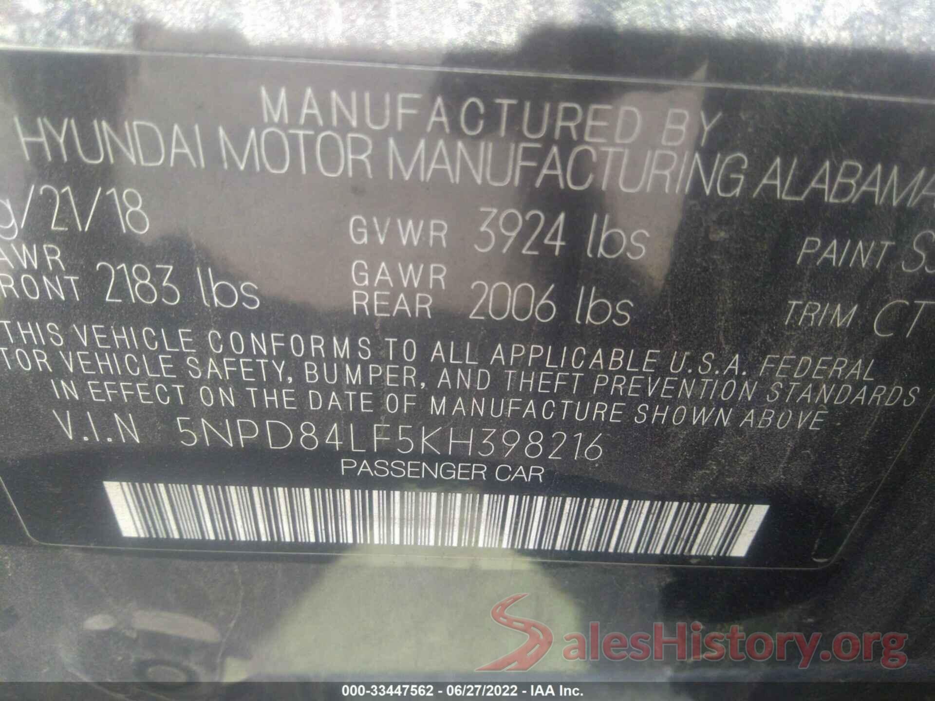 5NPD84LF5KH398216 2019 HYUNDAI ELANTRA