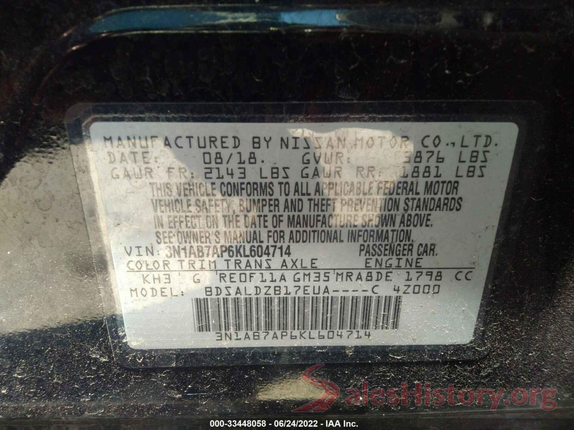 3N1AB7AP6KL604714 2019 NISSAN SENTRA