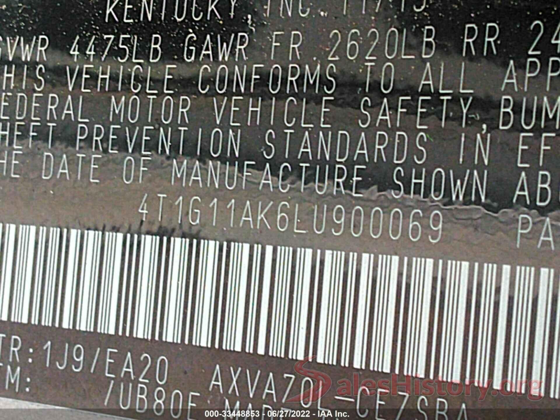 4T1G11AK6LU900069 2020 TOYOTA CAMRY