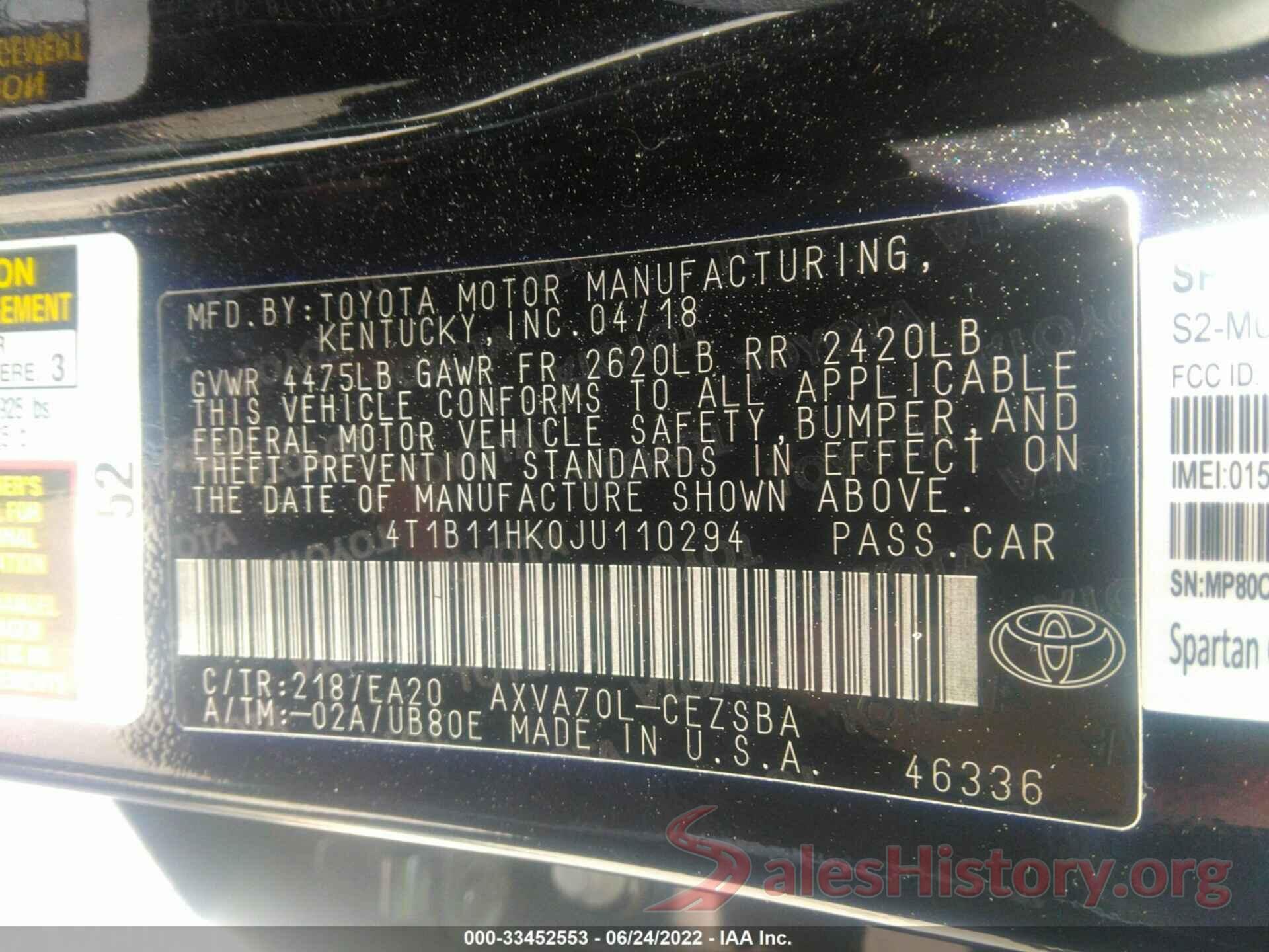 4T1B11HK0JU110294 2018 TOYOTA CAMRY