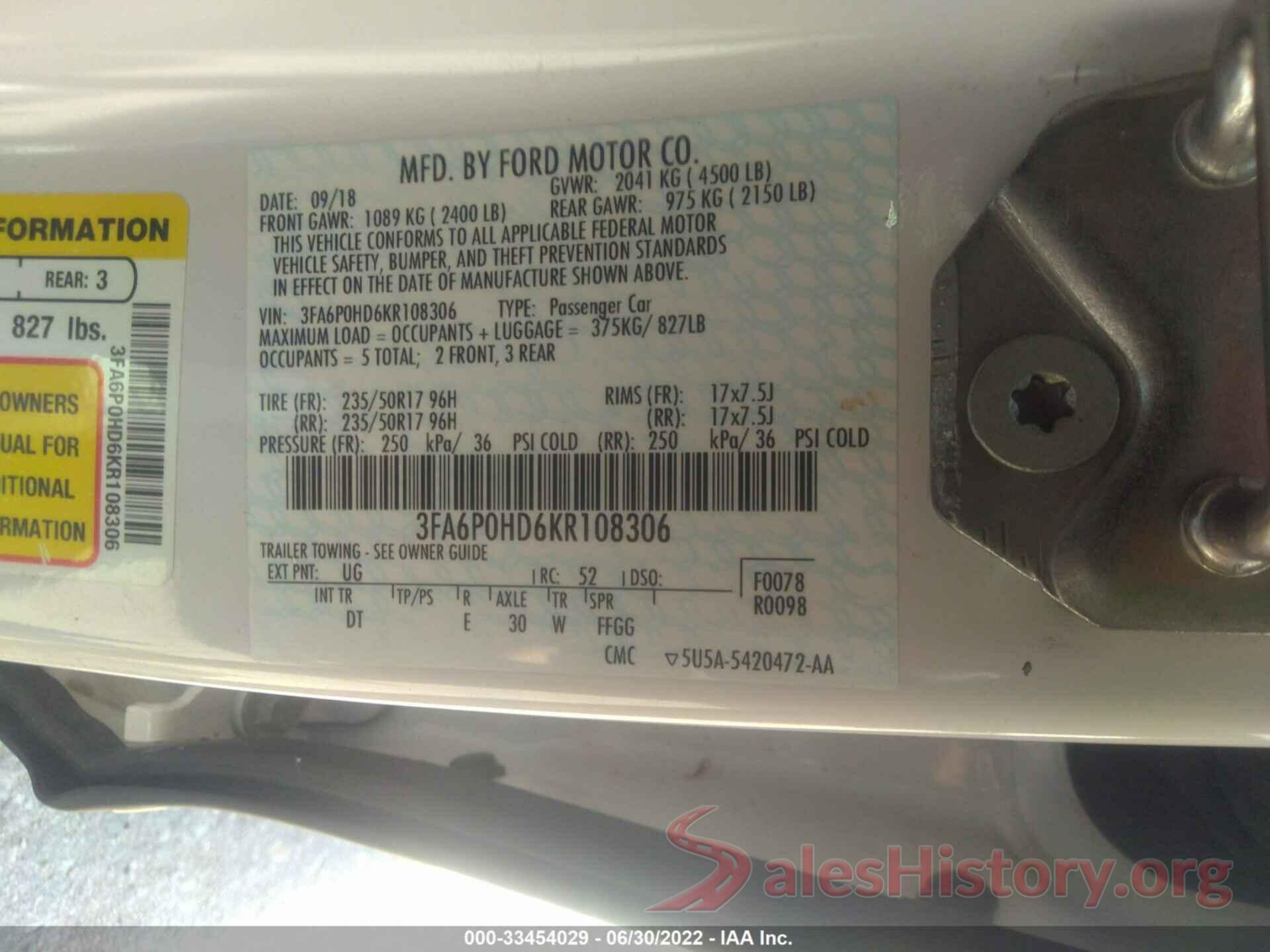 3FA6P0HD6KR108306 2019 FORD FUSION