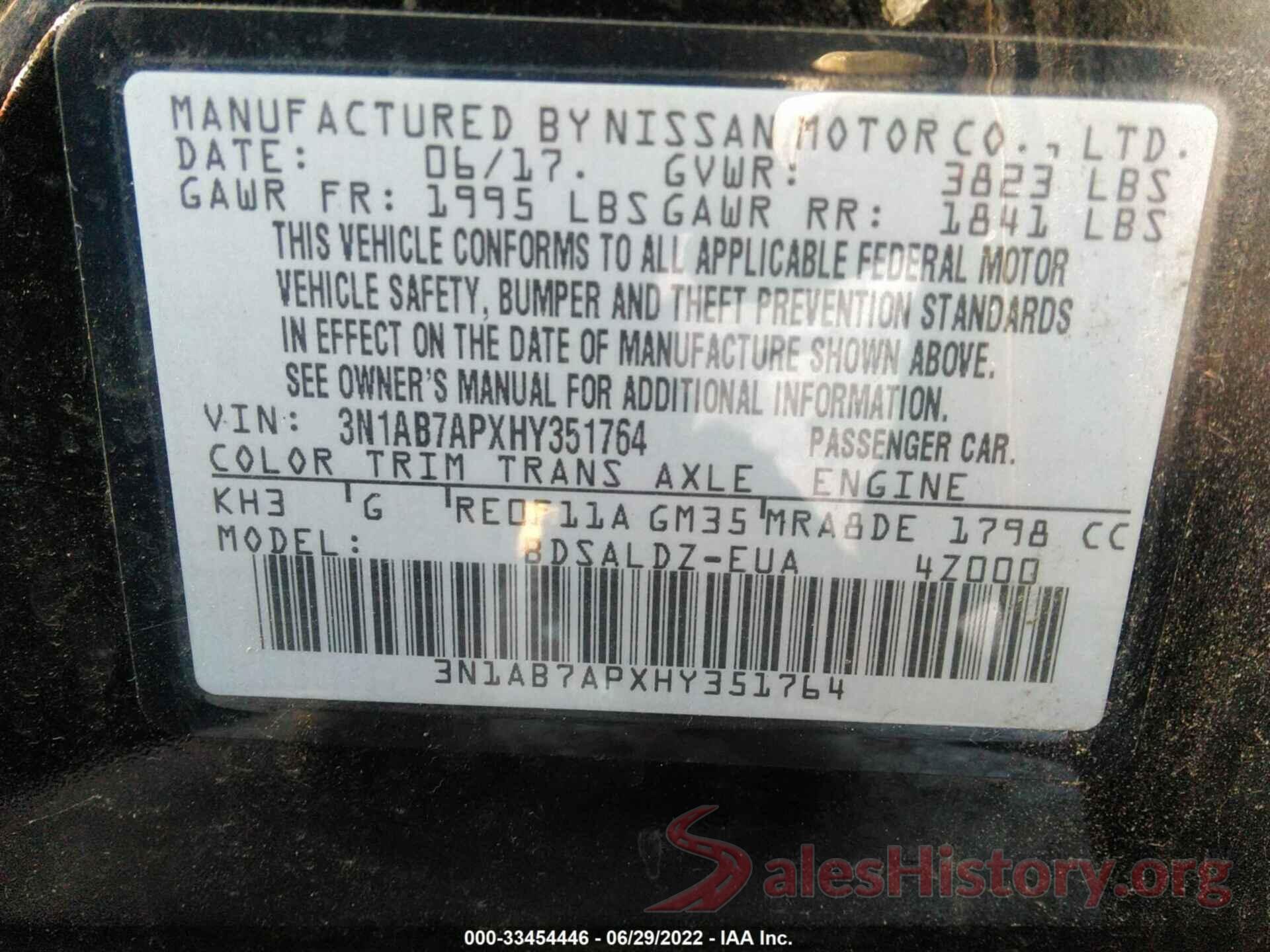 3N1AB7APXHY351764 2017 NISSAN SENTRA