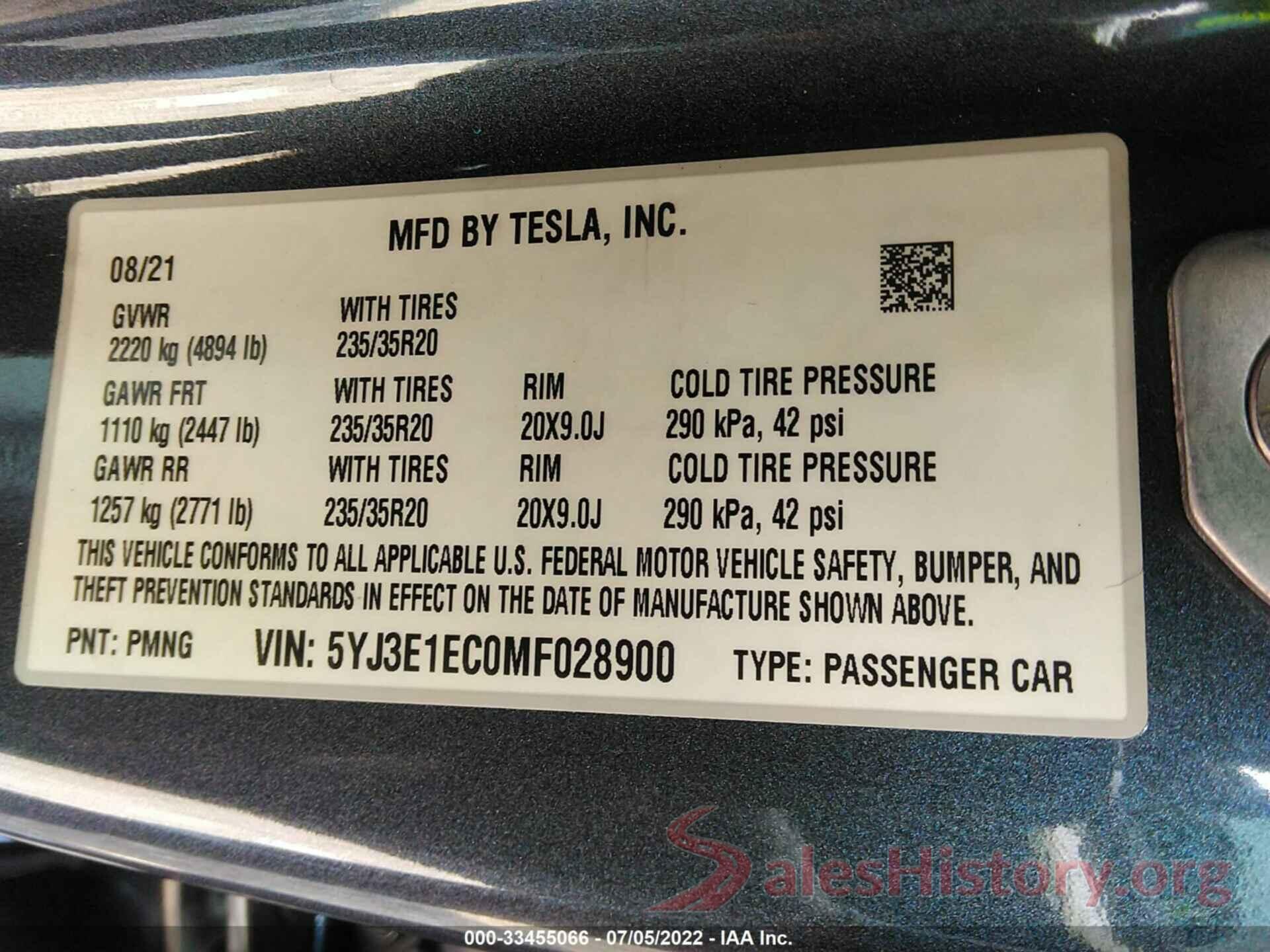 5YJ3E1EC0MF028900 2021 TESLA MODEL 3