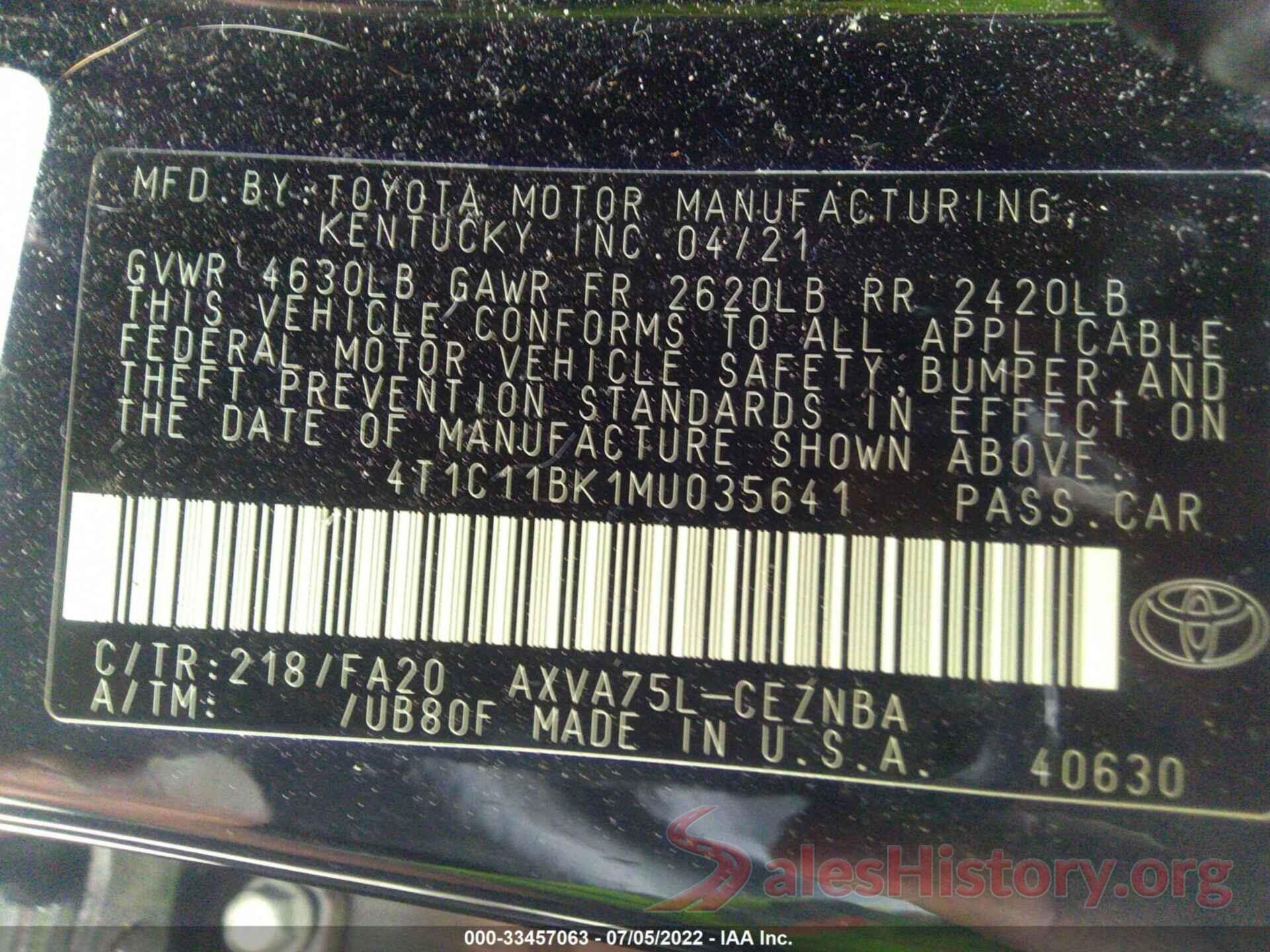 4T1C11BK1MU035641 2021 TOYOTA CAMRY