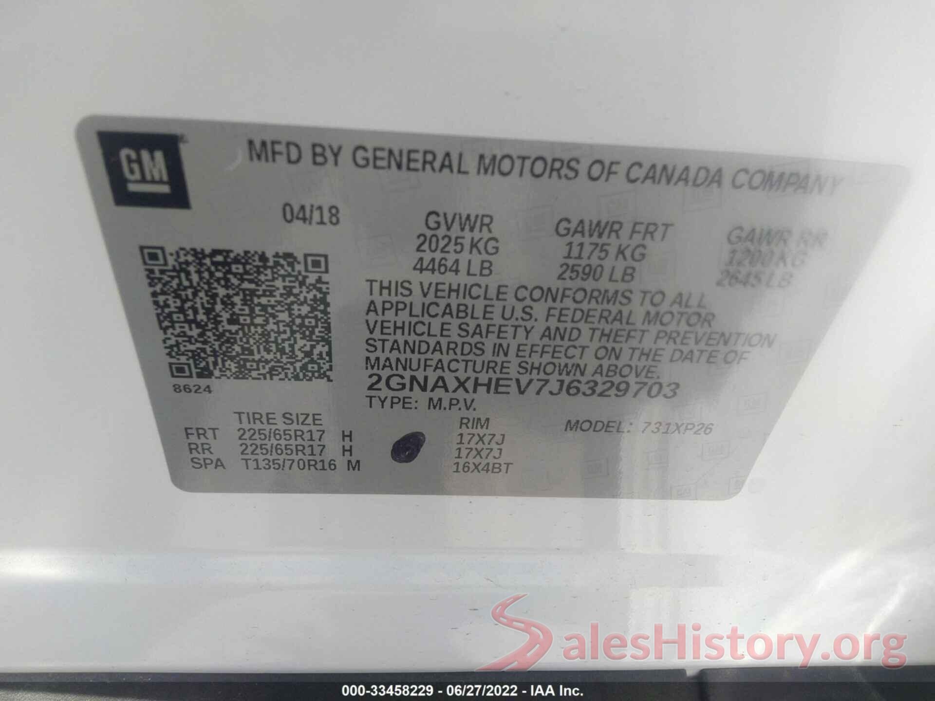 2GNAXHEV7J6329703 2018 CHEVROLET EQUINOX