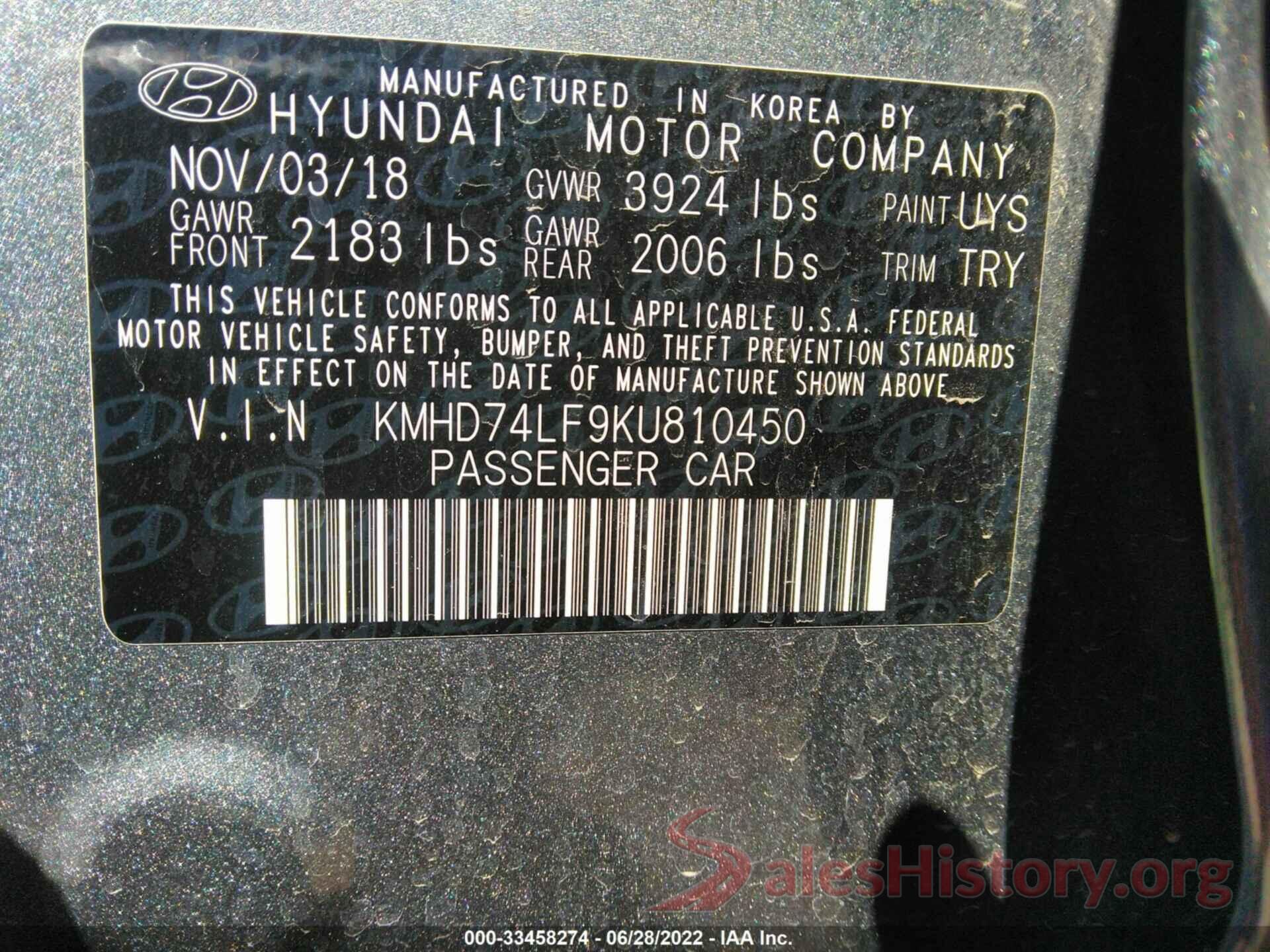 KMHD74LF9KU810450 2019 HYUNDAI ELANTRA