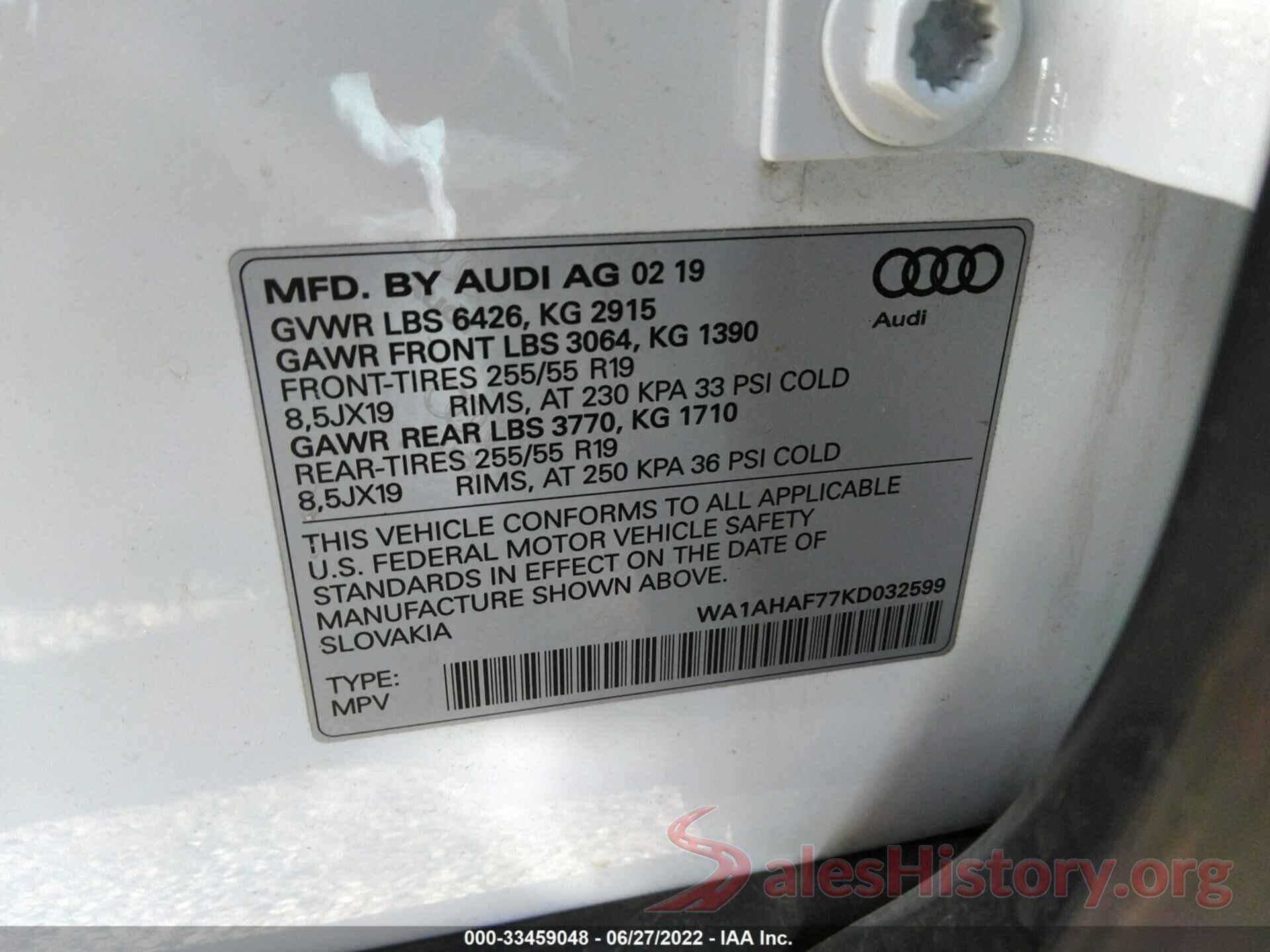 WA1AHAF77KD032599 2019 AUDI Q7