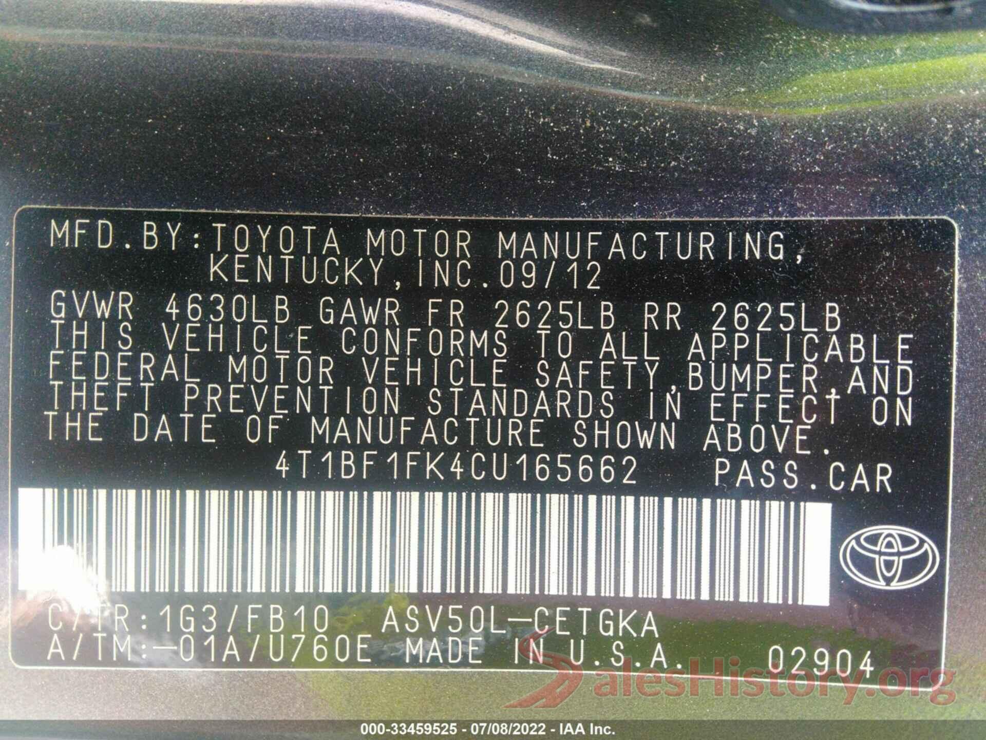 4T1BF1FK4CU165662 2012 TOYOTA CAMRY