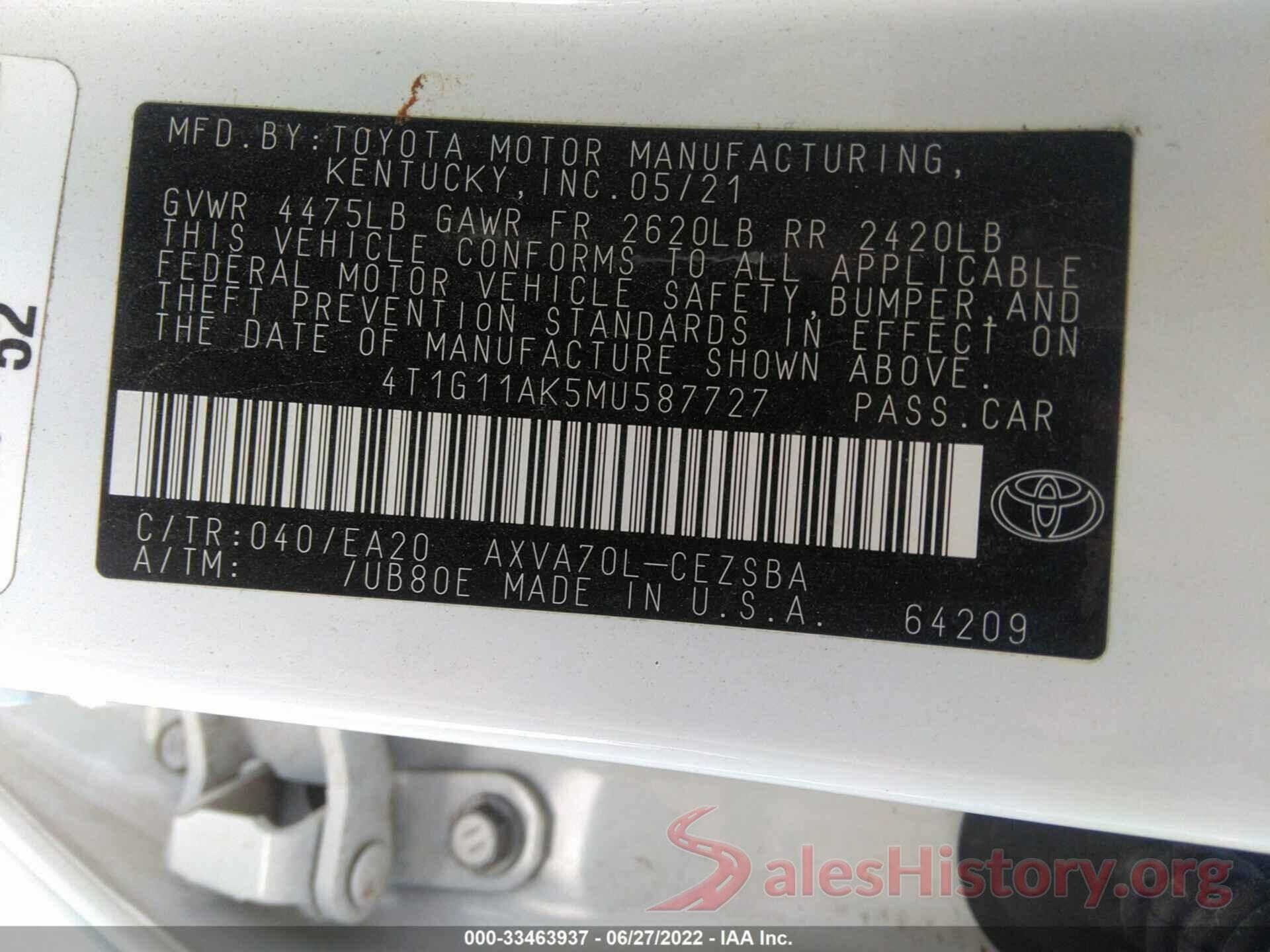 4T1G11AK5MU587727 2021 TOYOTA CAMRY