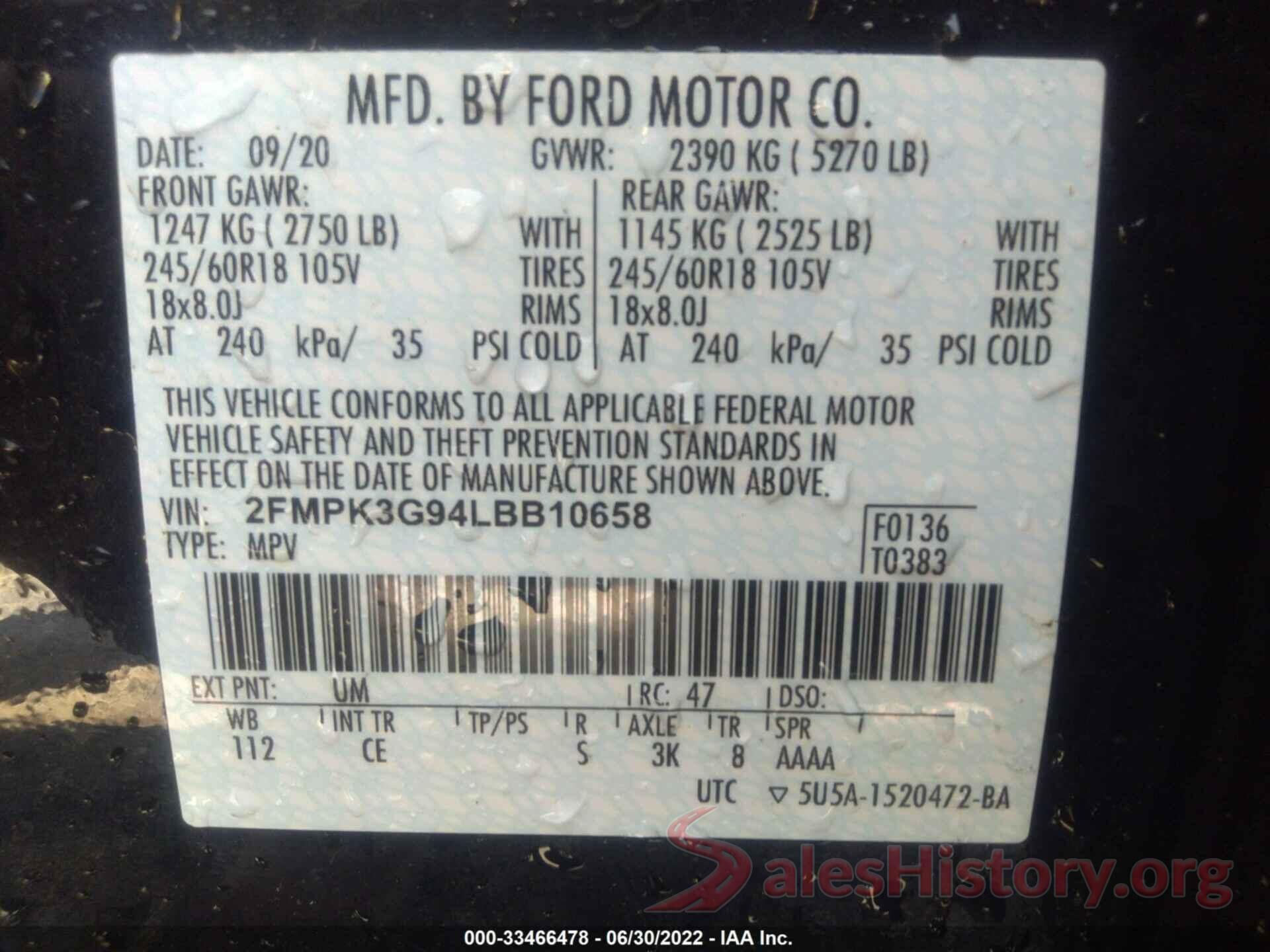 2FMPK3G94LBB10658 2020 FORD EDGE