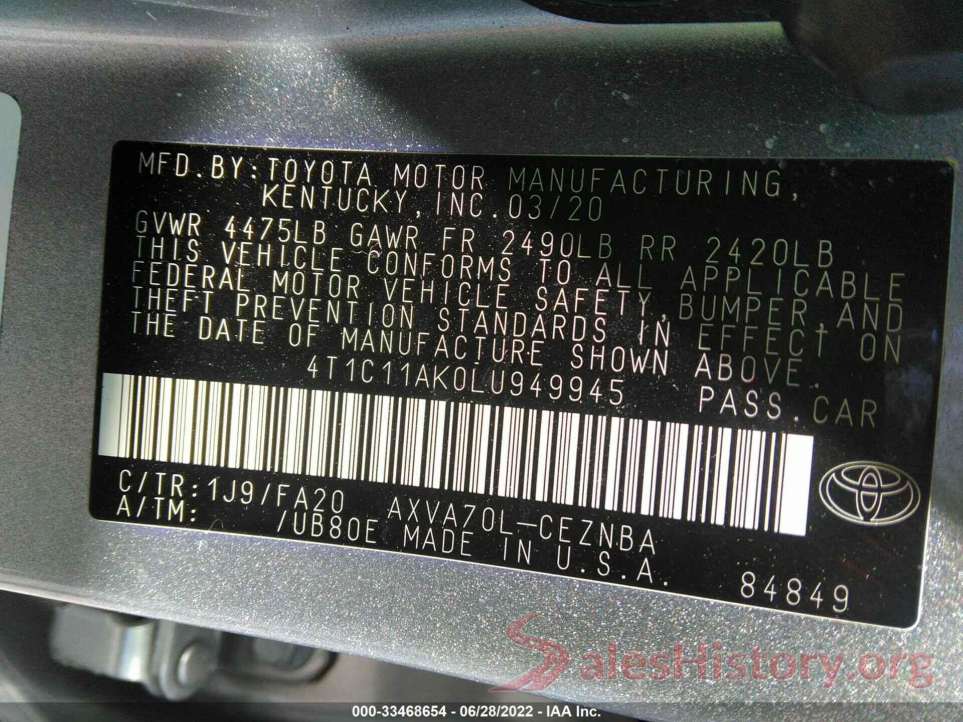 4T1C11AK0LU949945 2020 TOYOTA CAMRY